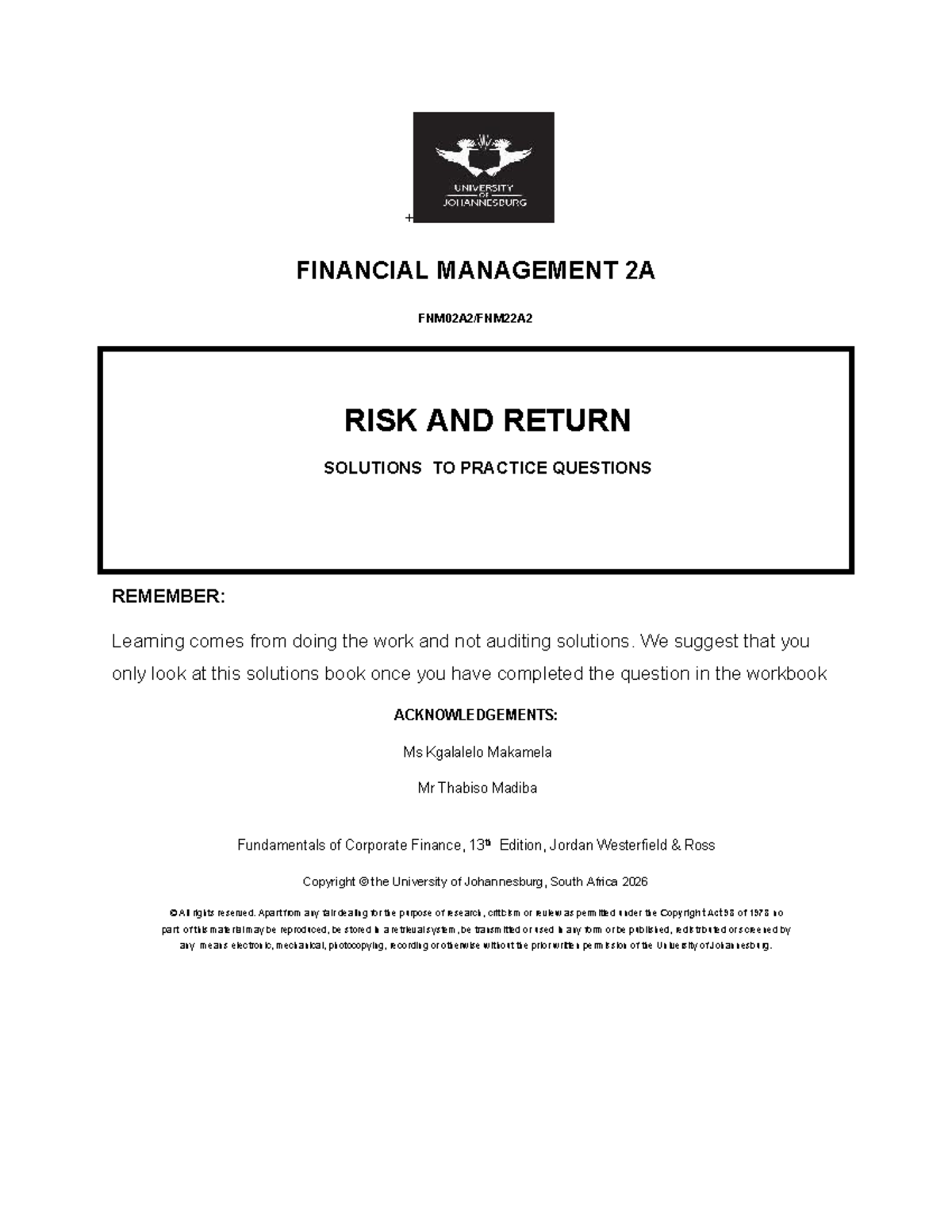 FINANCIAL MANAGEMENT 2A RISK AND RETURN WORKBOOK SOLUTIONS - Studocu