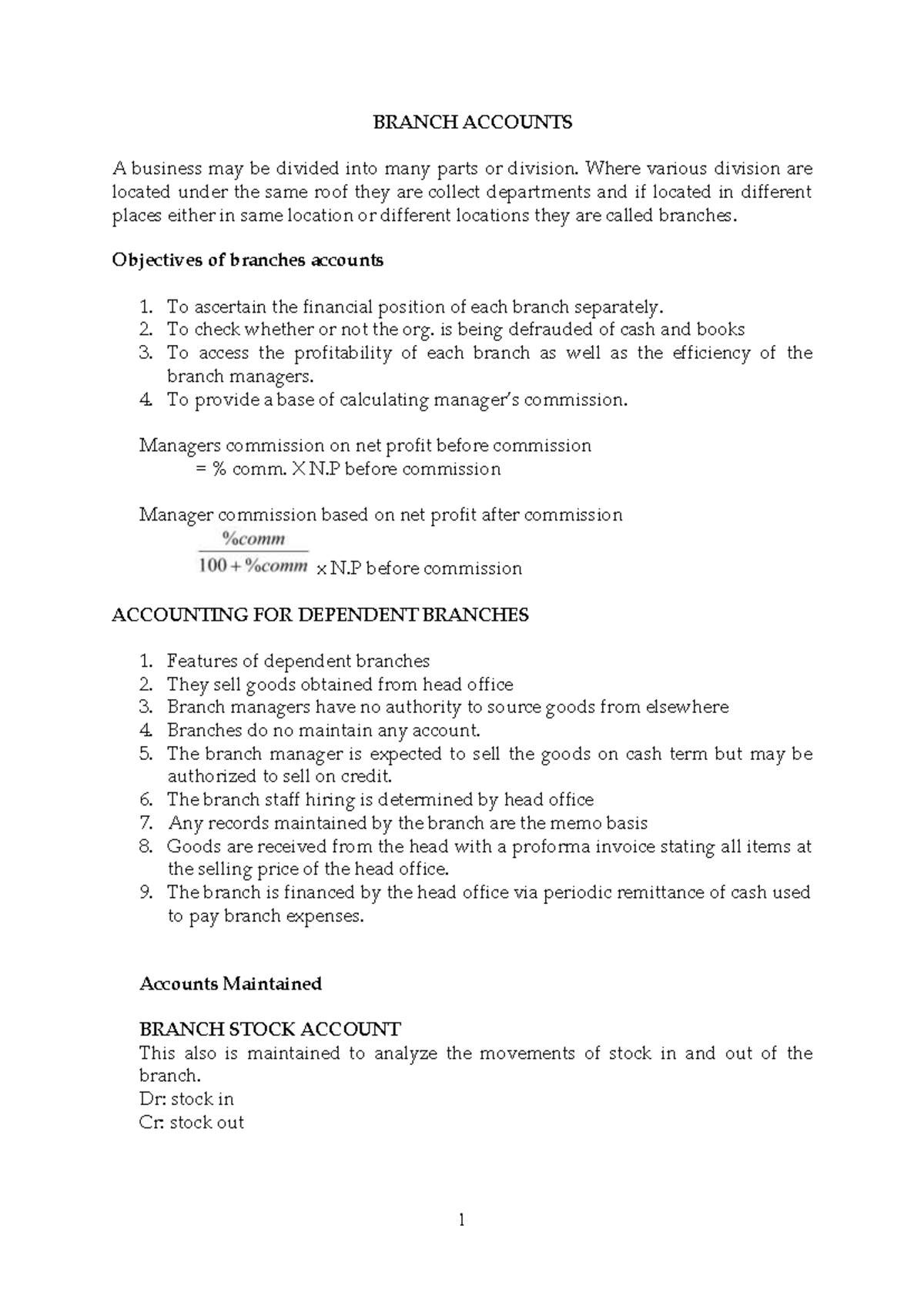 Branch Accounts - Comprehensive Study Notes for ACC 101 - Studocu