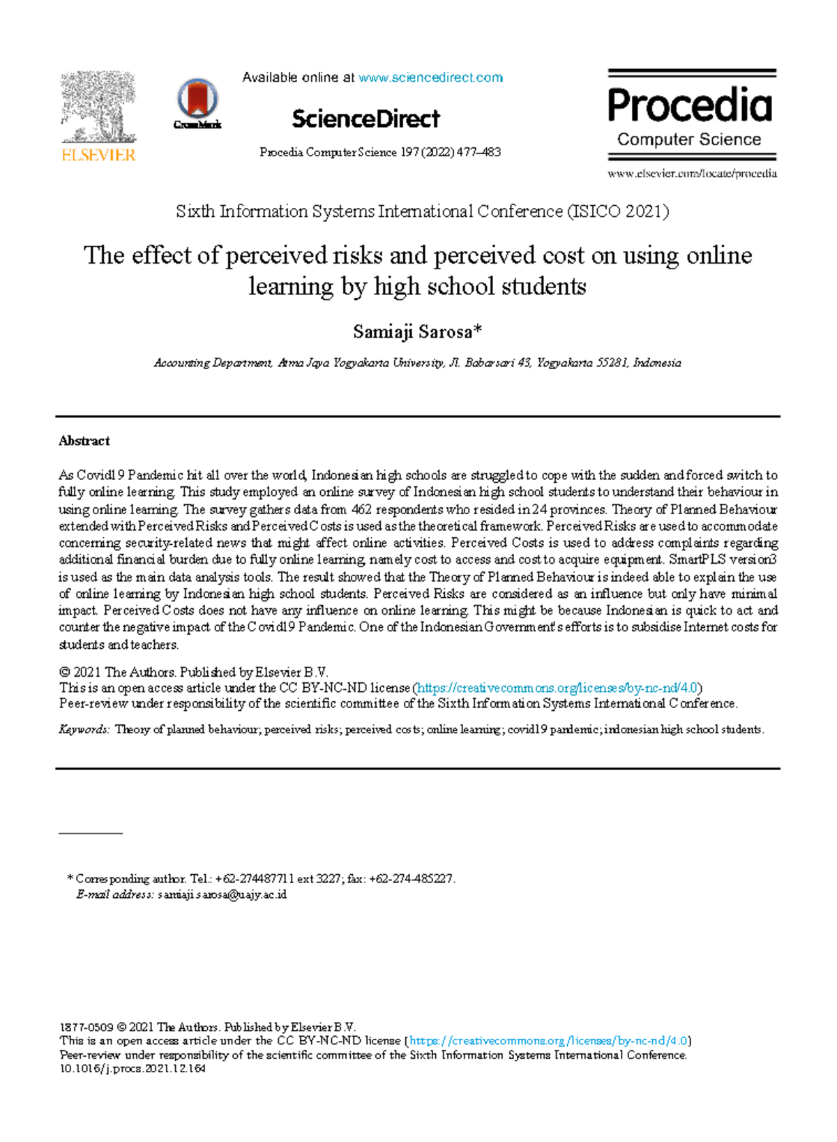 ISICO 2021: Effects of Perceived Risks and Costs on Online Learning ...