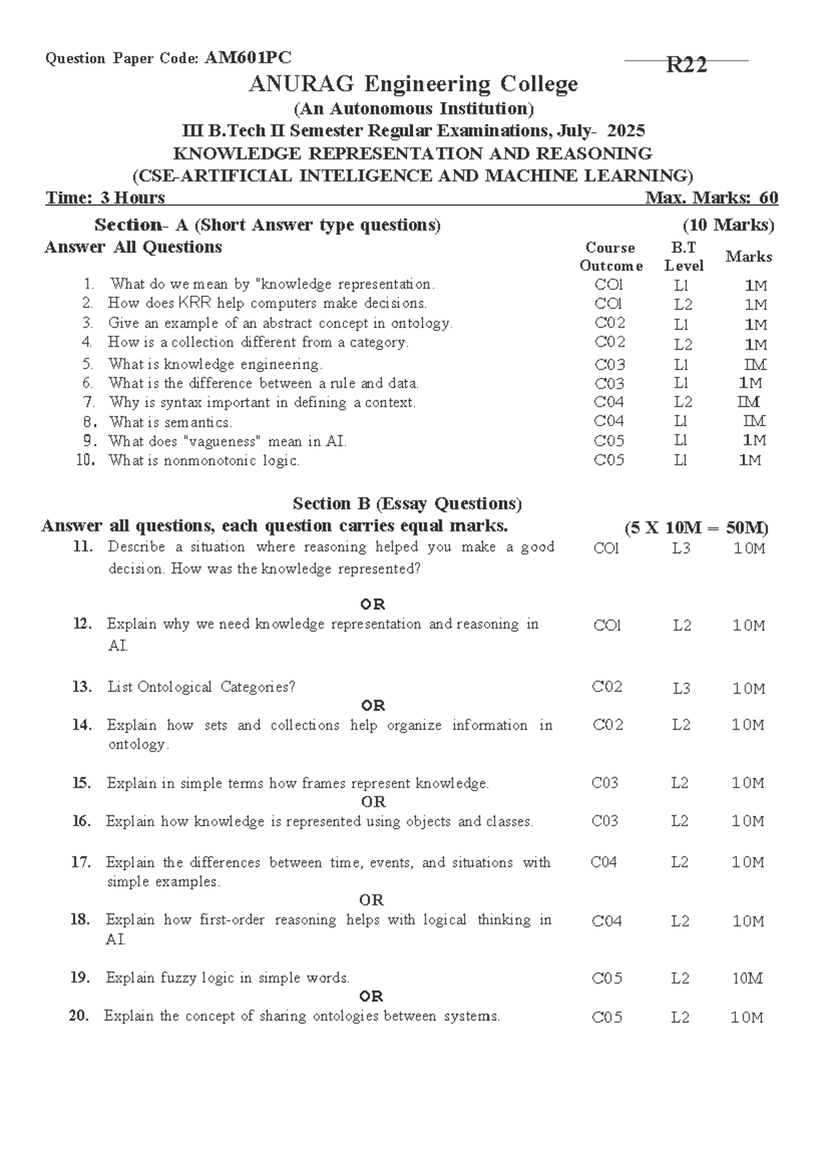 KRR SEM - Knowledge Representation and Reasoning Exam Paper AM601PC R22 ...