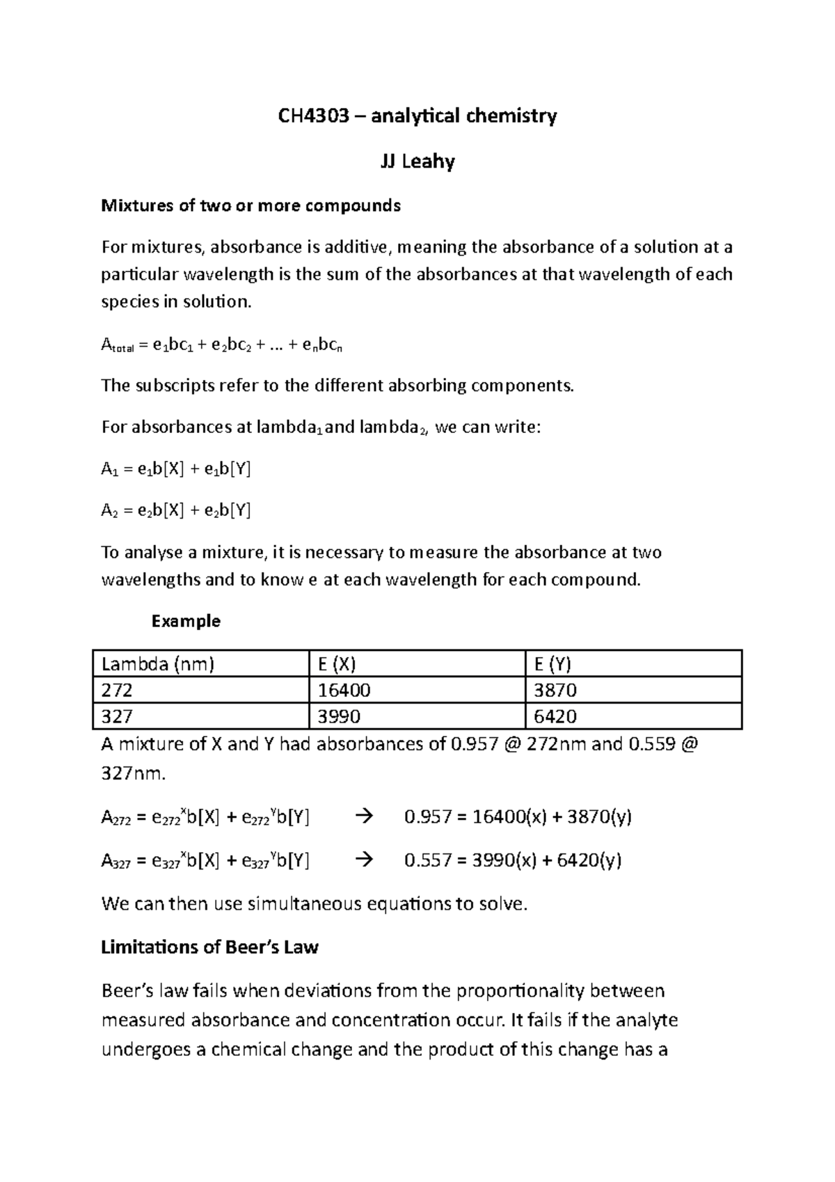 CH4303 - Lecture 4: Understanding Absorbance in Mixtures - Studocu