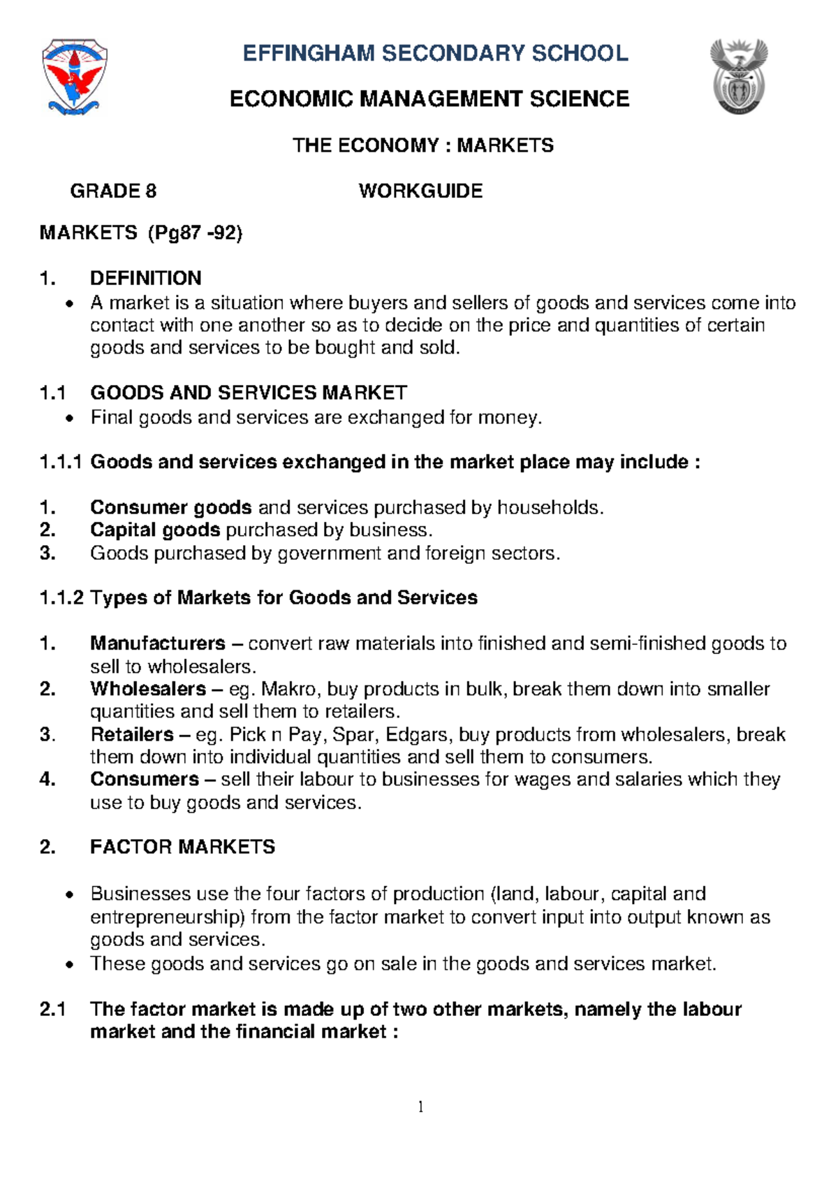 EMS Grade 8 Term 2 Workguide: Understanding Markets and Economics - Studocu