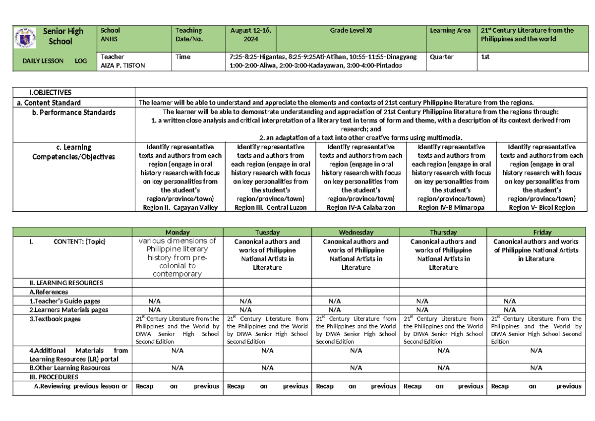 21st Weekly DLL - Week 3 - 21st Century Lit Insights - Studocu