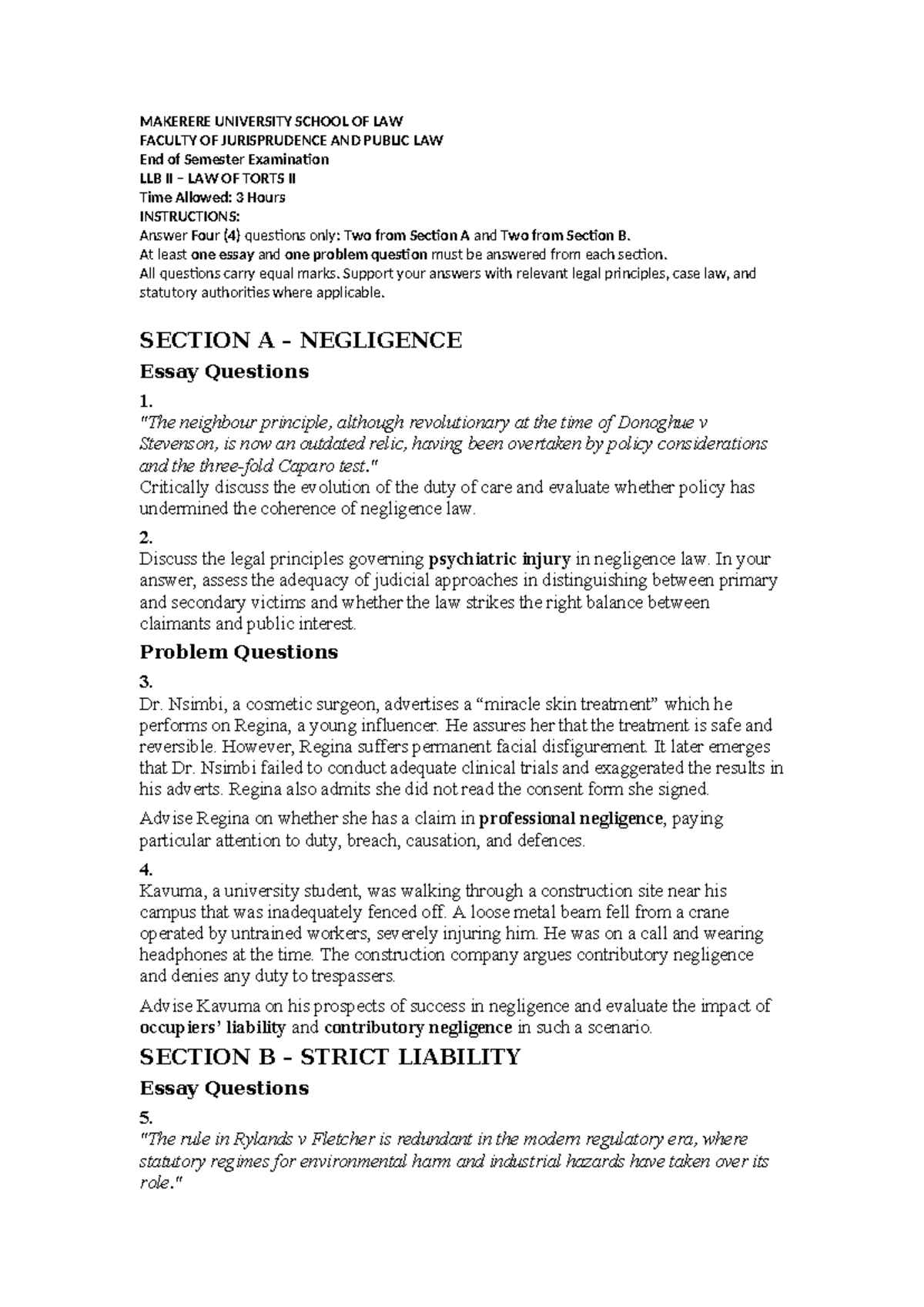 LLB II LAW OF TORTS II End of Semester Exam Questions - Makerere ...