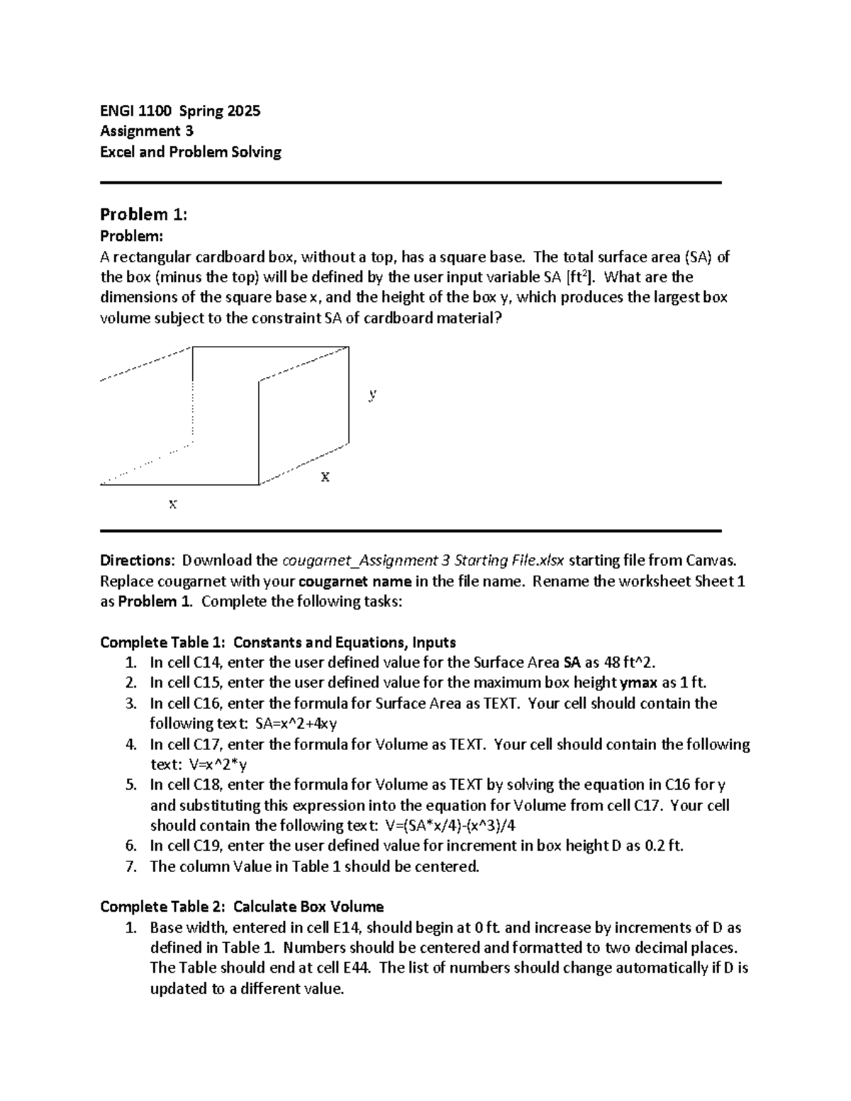 Assignment+3+Spring+2025 - ENGI 1100 Spring 2025 Assignment 3 Excel and ...