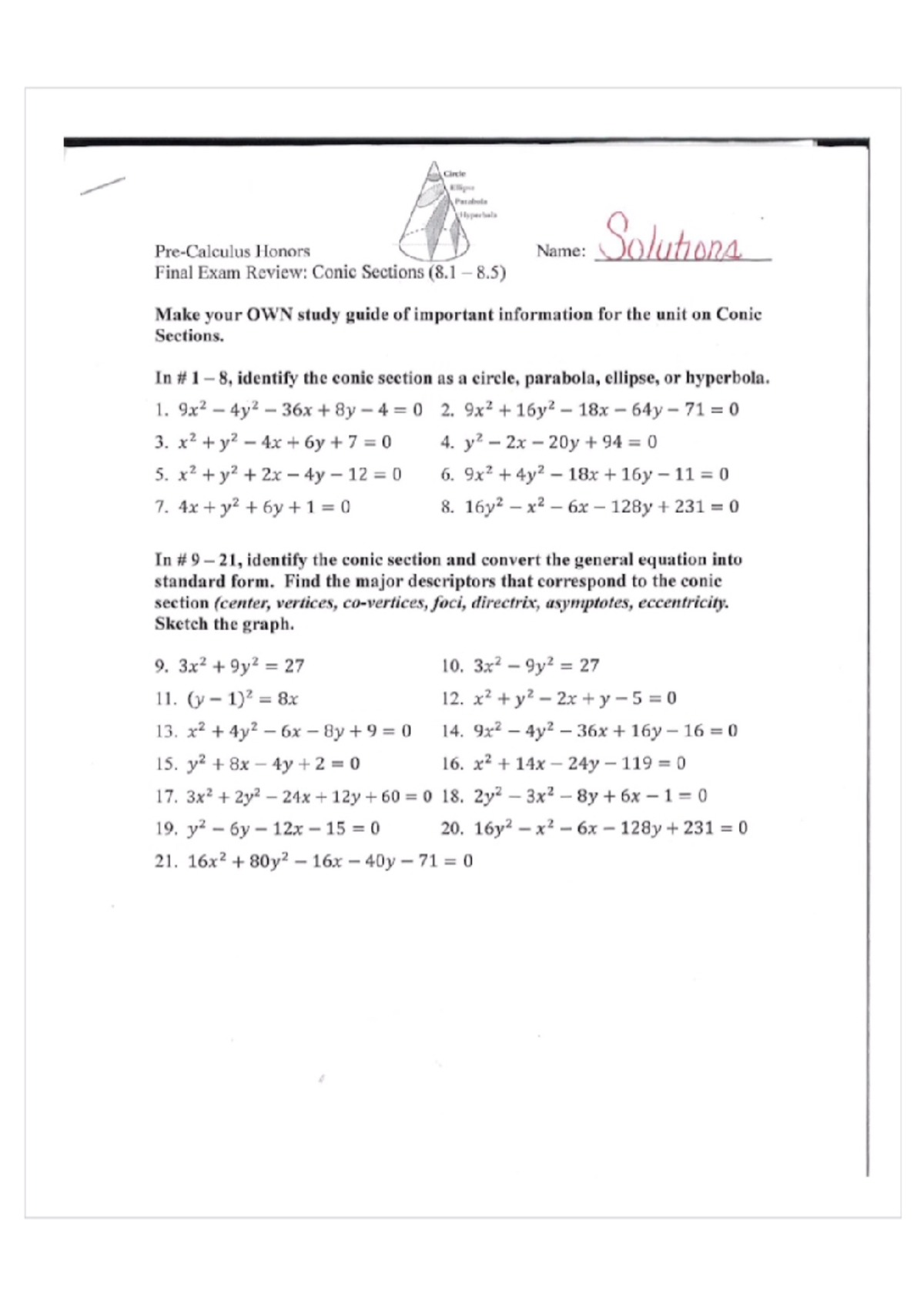 Precalc - Final Study Guide - Circle Ellipse Parabola Hyperbala Honors ...