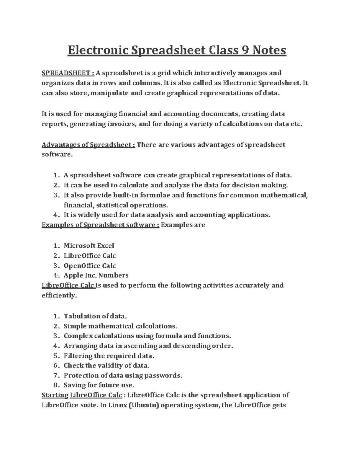 Electronic Spreadsheet Class 9 Notes - Detailed Overview and Functions ...