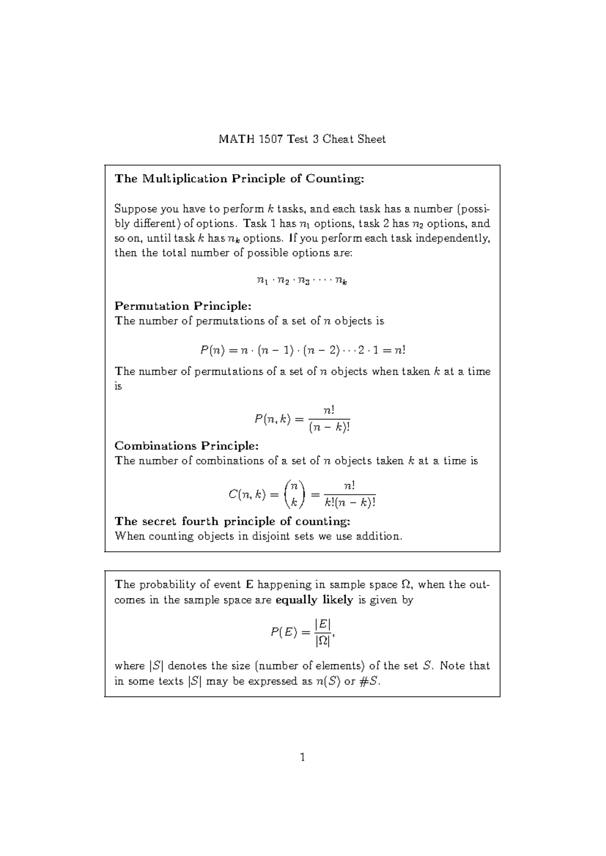 MATH 1507 Test 3 Cheat Sheet: Counting Principles Explained - Studocu