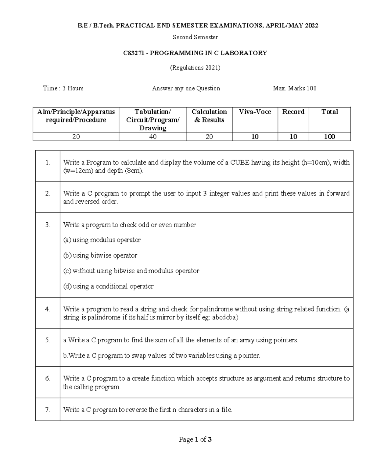 CS3271 Final Exam - C Programming Lab Practical Questions - Studocu