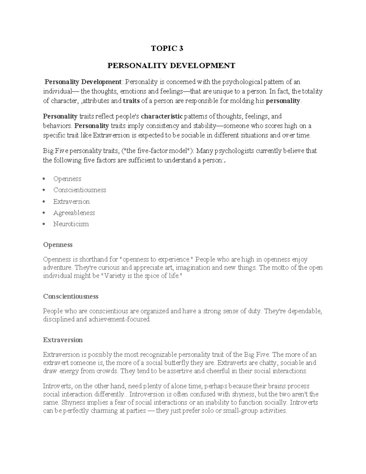 Topic 3: Personality Development Insights and Characteristics - Studocu
