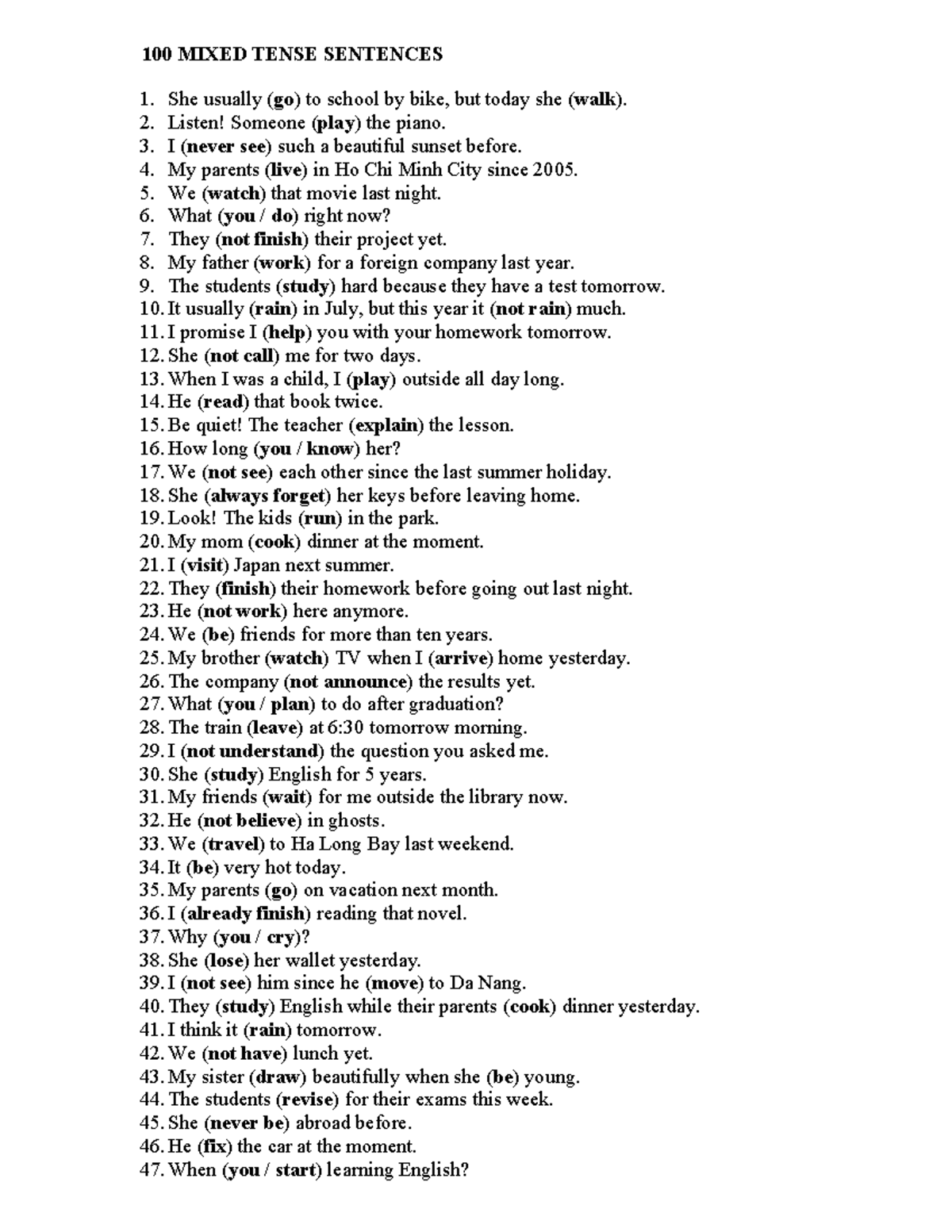 100 MIXED TENSE SENTENCES FOR ENGLISH PRACTICE - Studocu