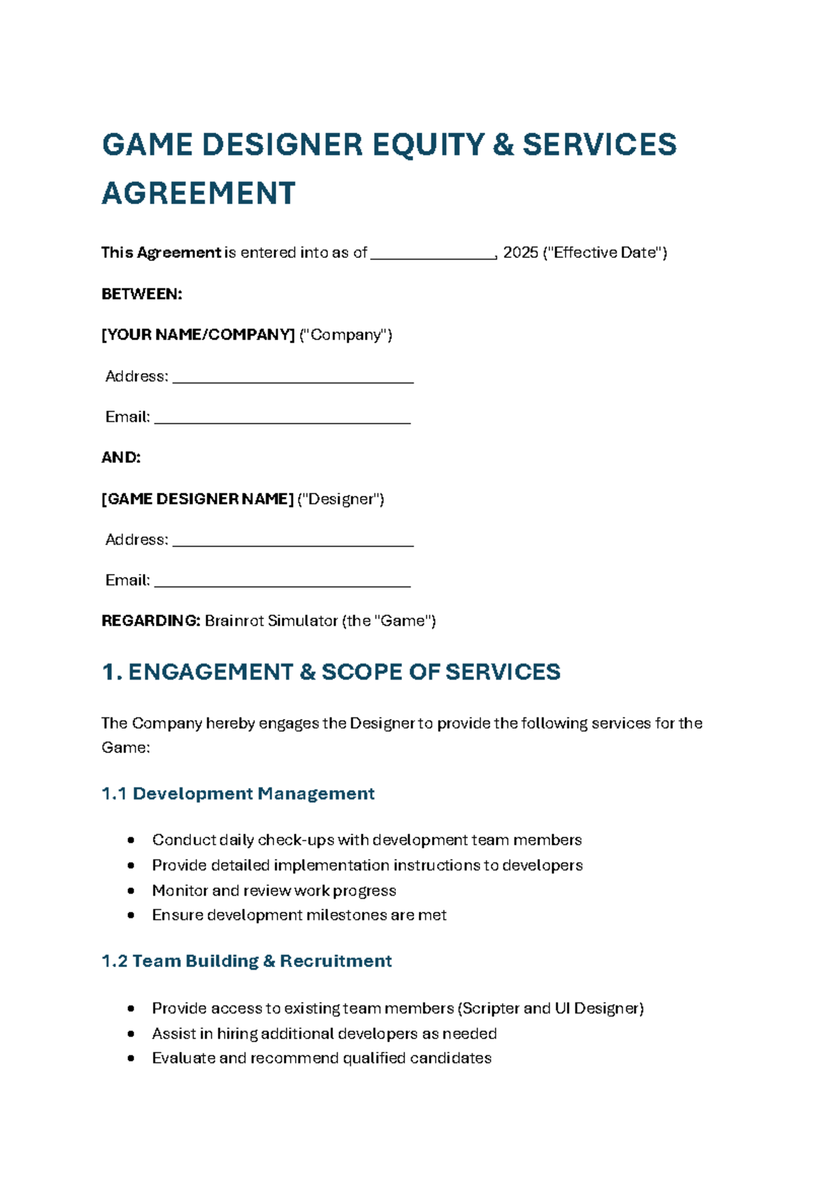 GAME DESIGNER EQUITY SERVICES AGREEMENT - 2025 - Studocu