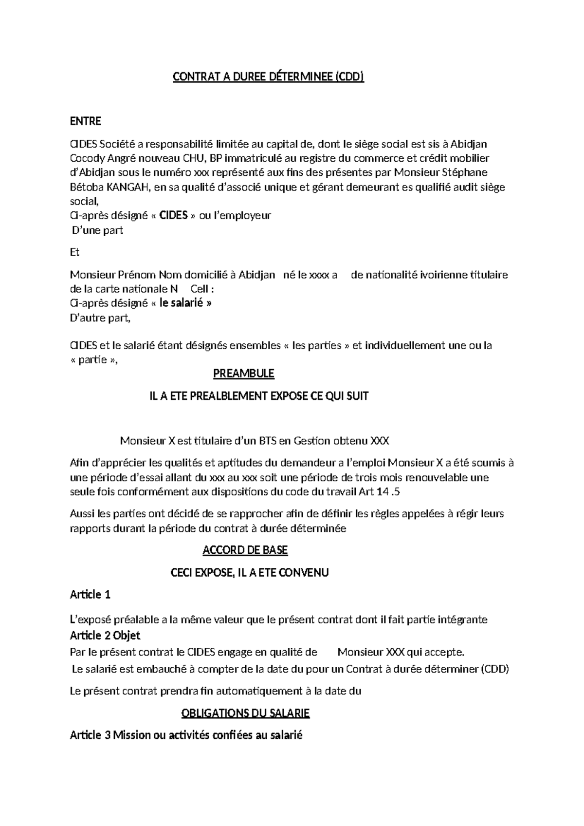 Contrat à Durée Déterminée (CDD) - CIDES Abidjan - Studocu