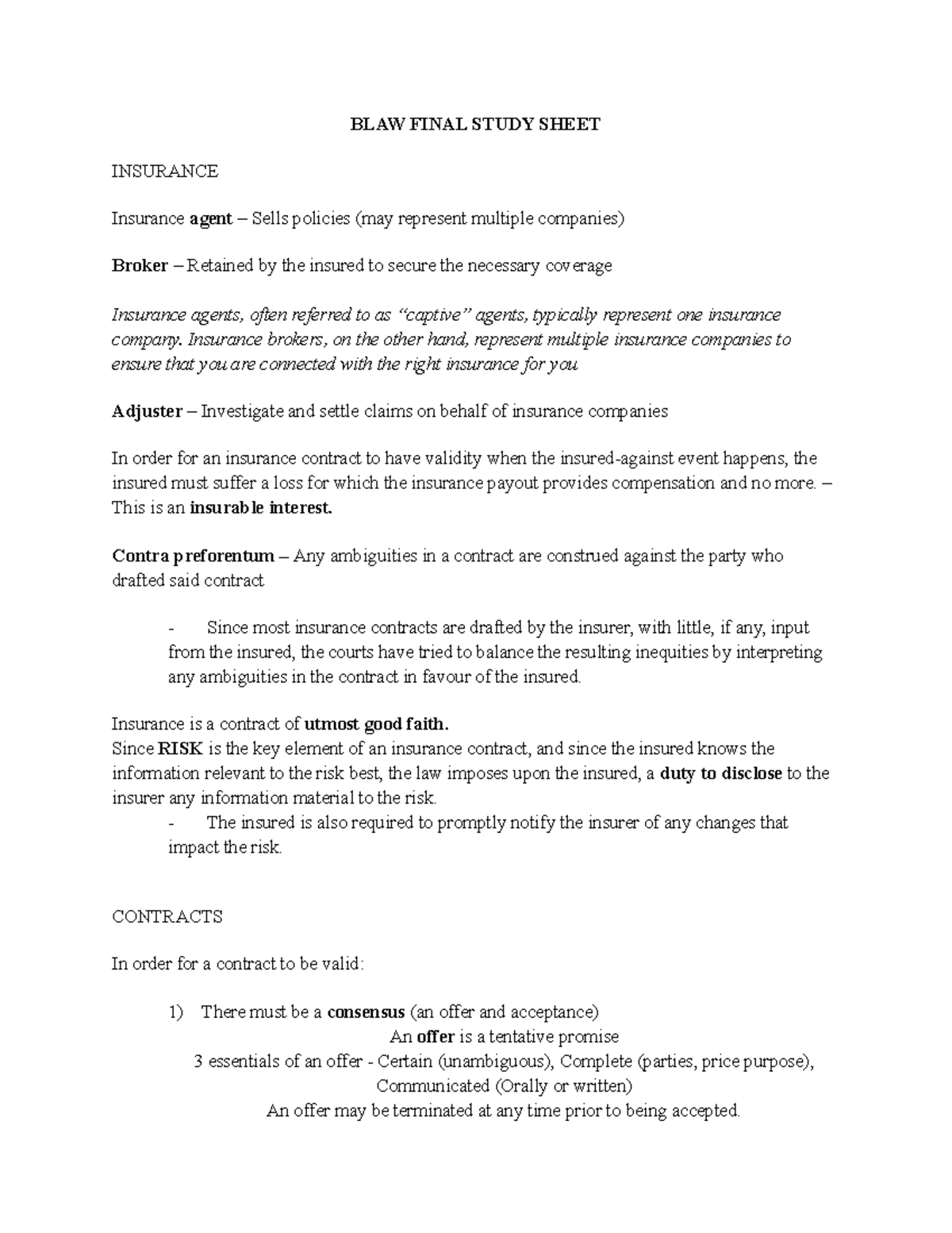 BLAW Final Study Sheet - Key Concepts from Lectures 7-11 - Studocu