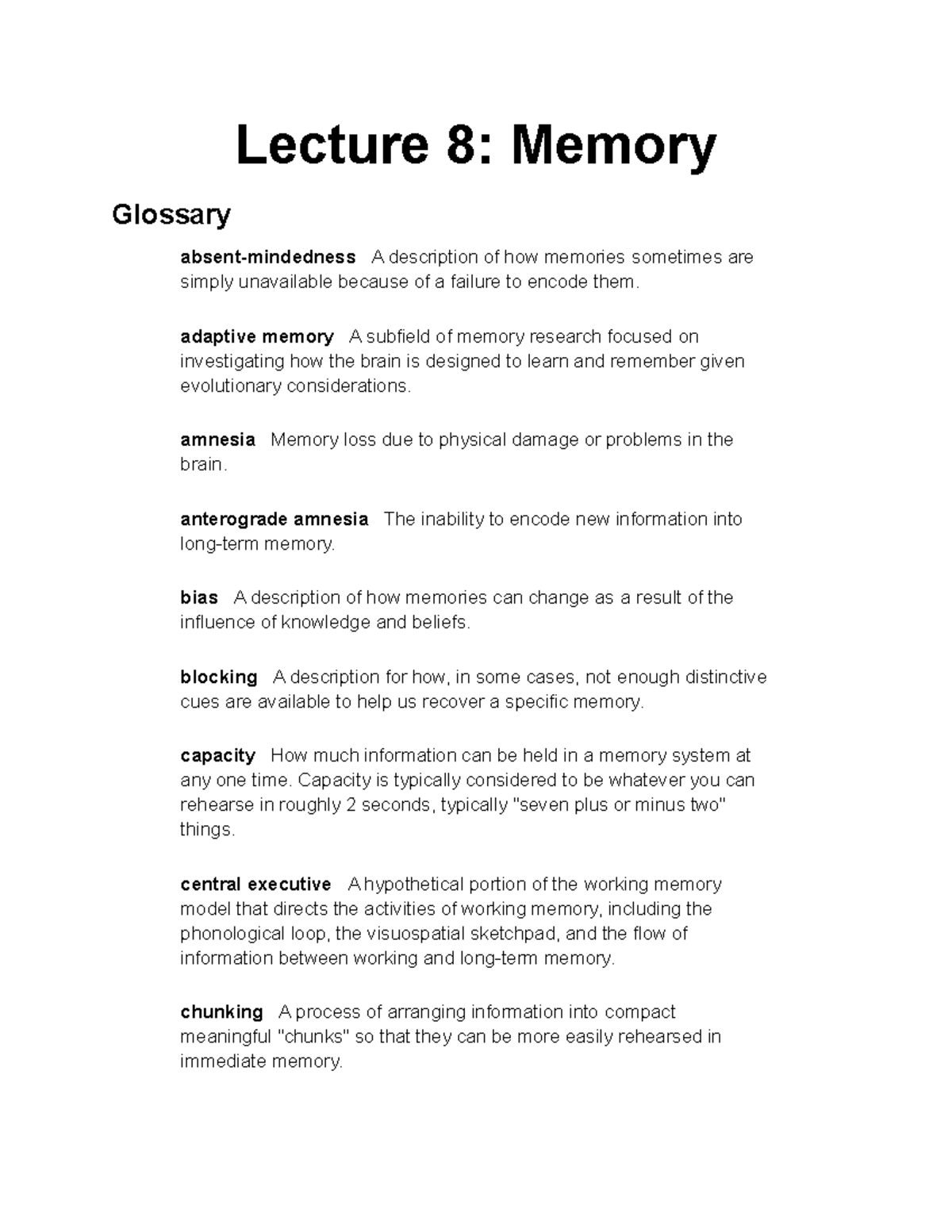 PSY1101 Lecture 8 - Understanding Memory and Its Mechanisms - Studocu