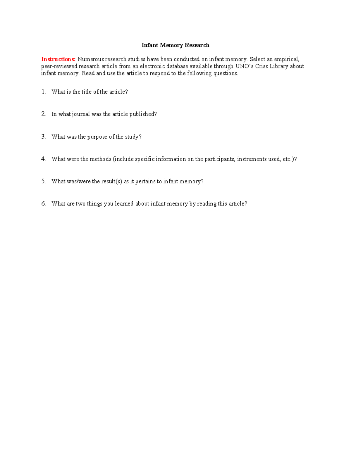 Infant Memory Research Activity Instructions - Learning Activity 3 ...