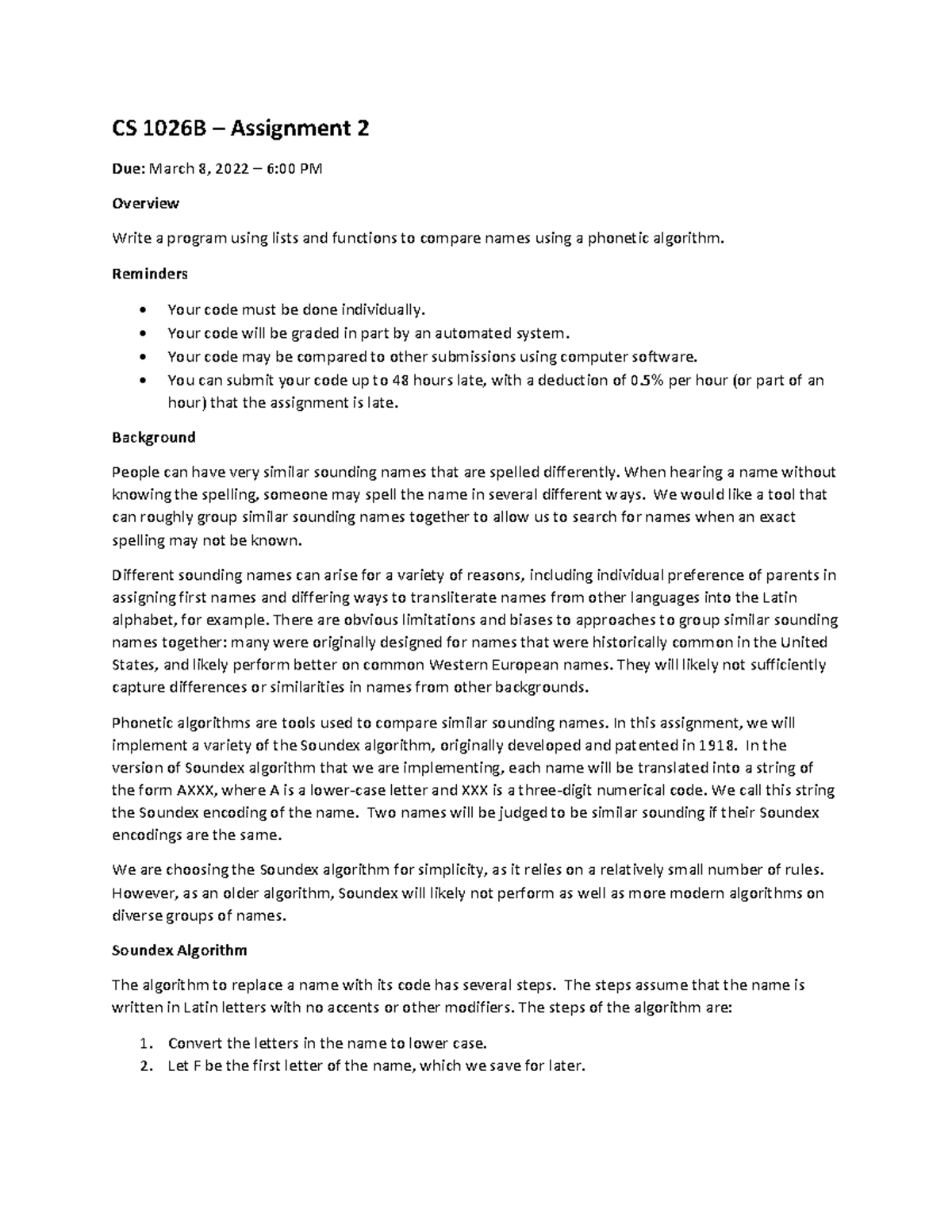 CS 1026B - Assignment 2: Implementing Phonetic Soundex Algorithm - Studocu