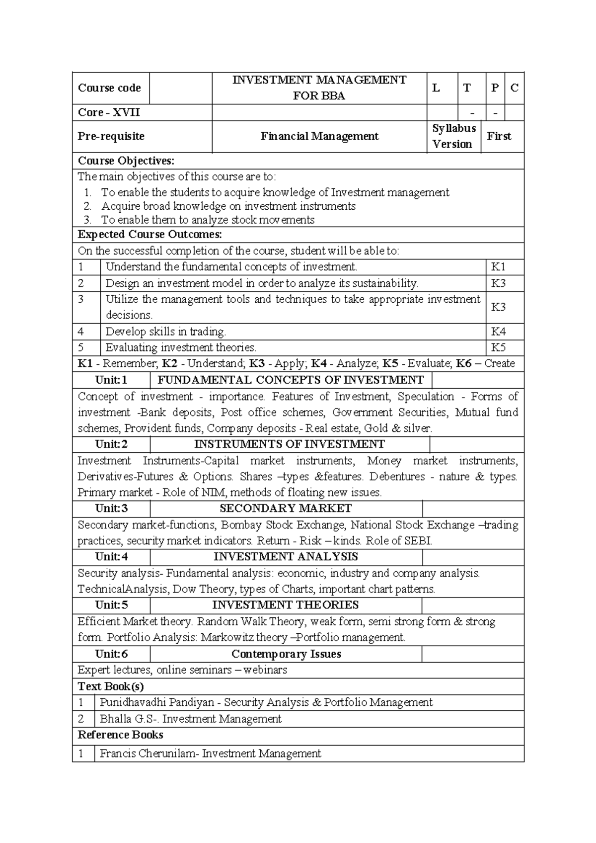 Investment MGT Syllabus - Course code INVESTMENT MANAGEMENT FOR BBA L T ...