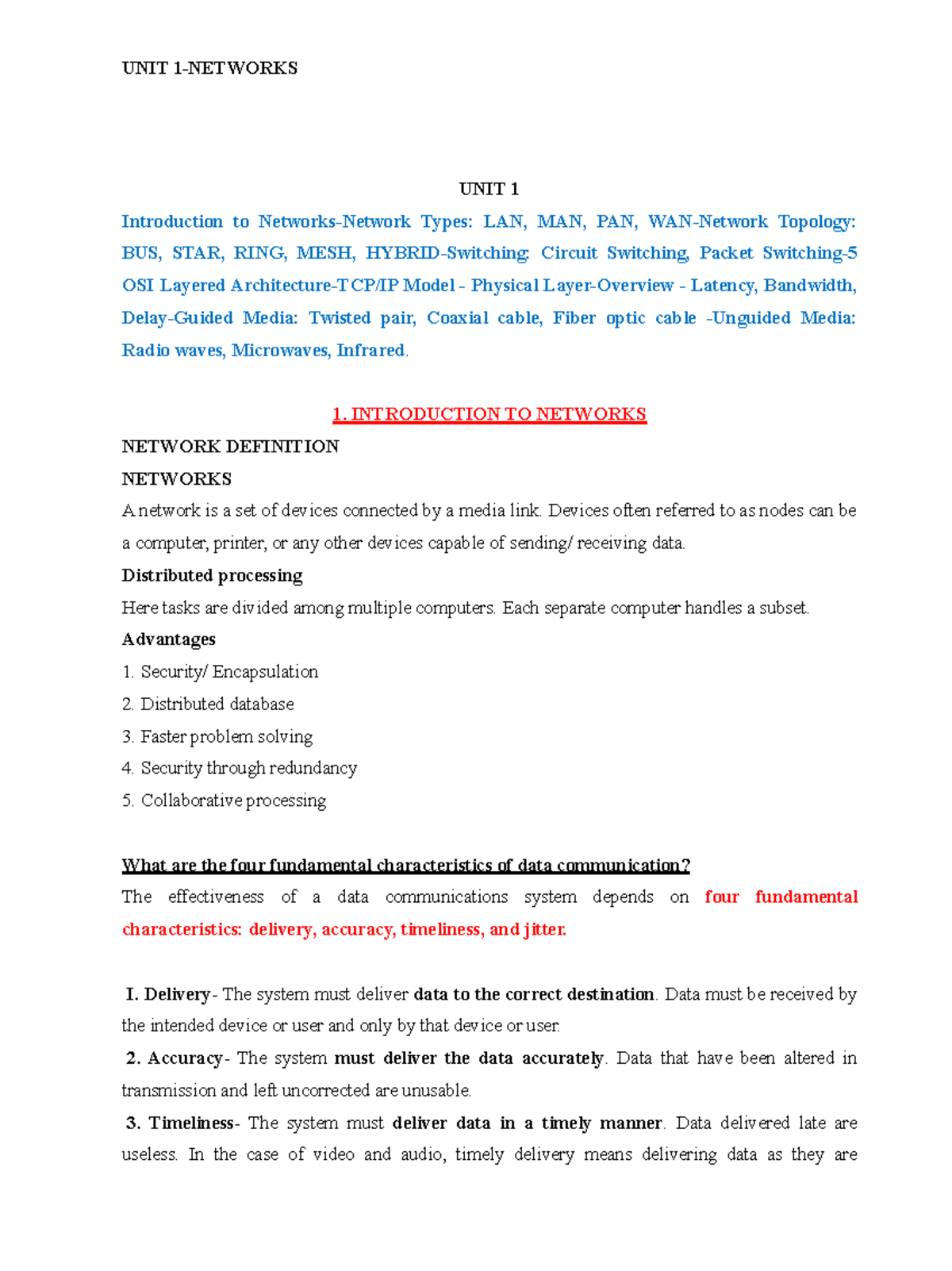 UNIT 1 Notes: Introduction to Network Types and Topologies - Studocu