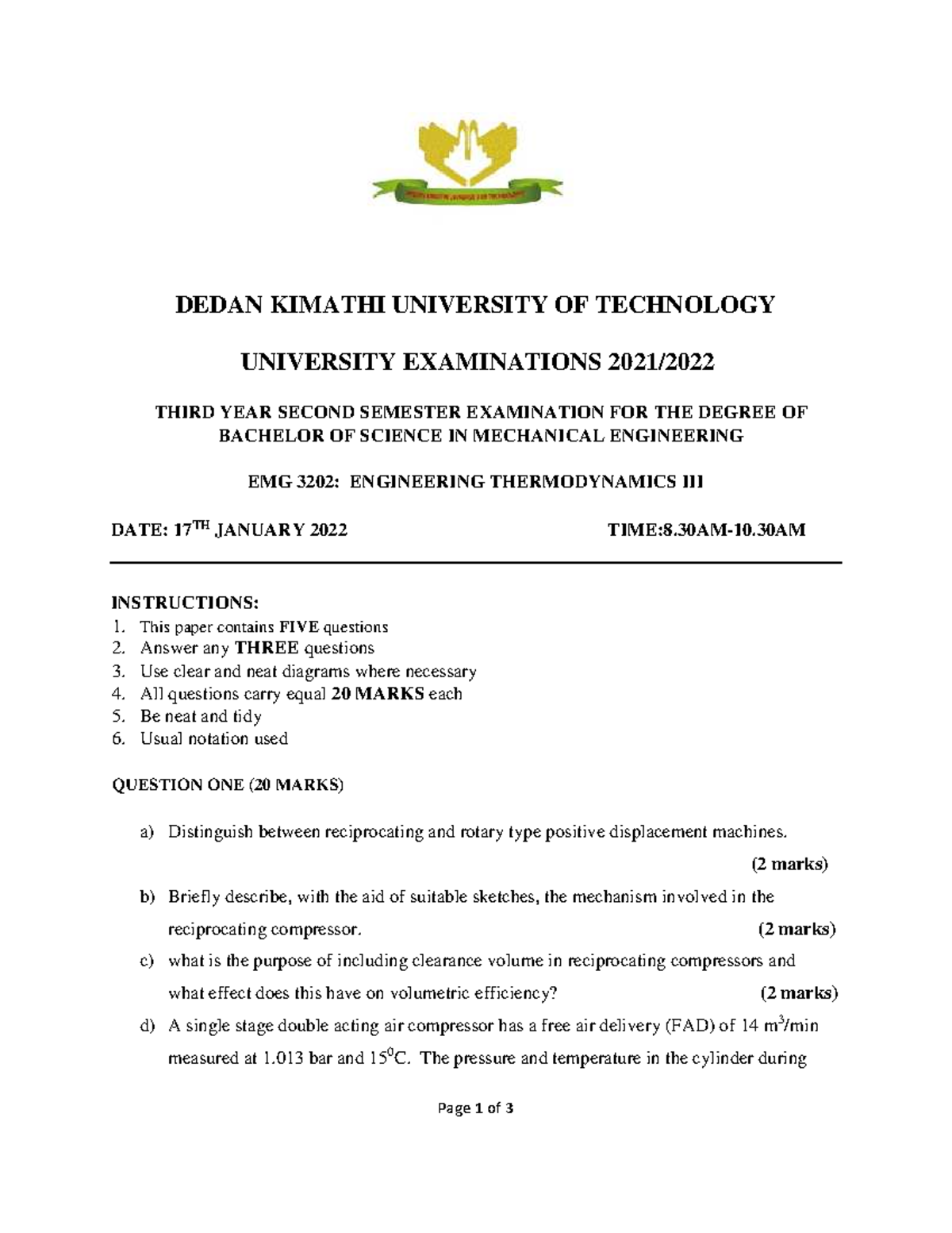 EMG 3202: Engineering Thermodynamics III Exam Paper - Jan 2022 - Studocu