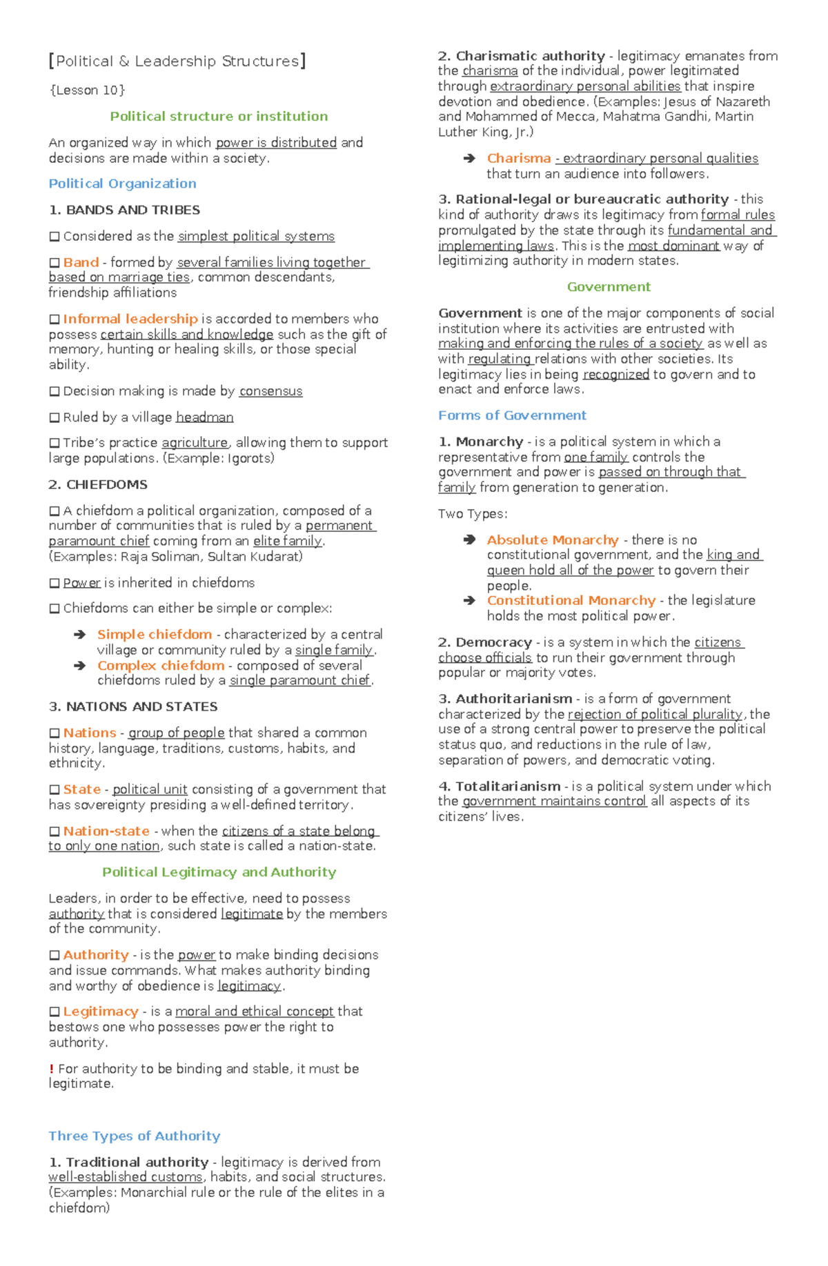 POL 101: Lesson 10 - Political & Leadership Structures Overview - Studocu