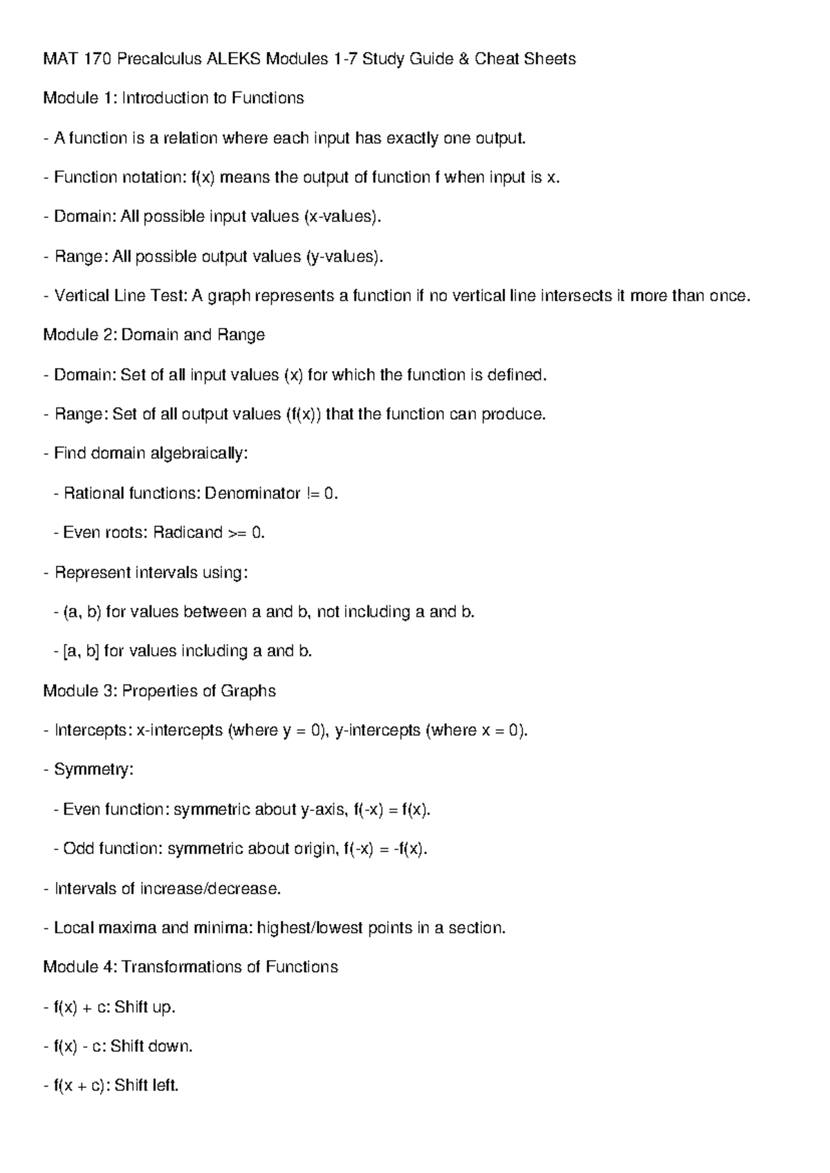 MAT 170 Precalculus Study Guide for ALEKS Modules 1-7 - MAT 170 ...
