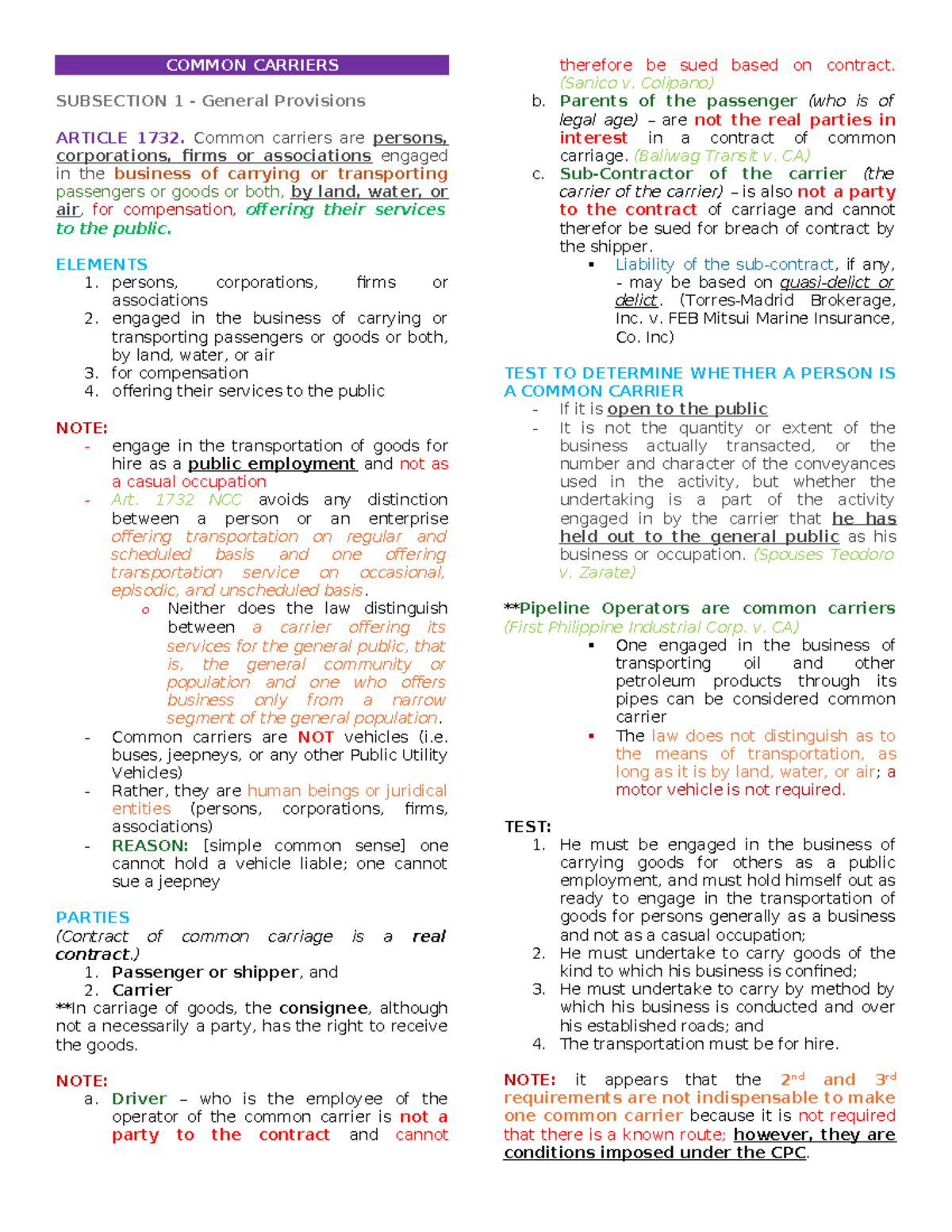 Transportation Law - Personal Notes - COMMON CARRIERS SUBSECTION 1 ...