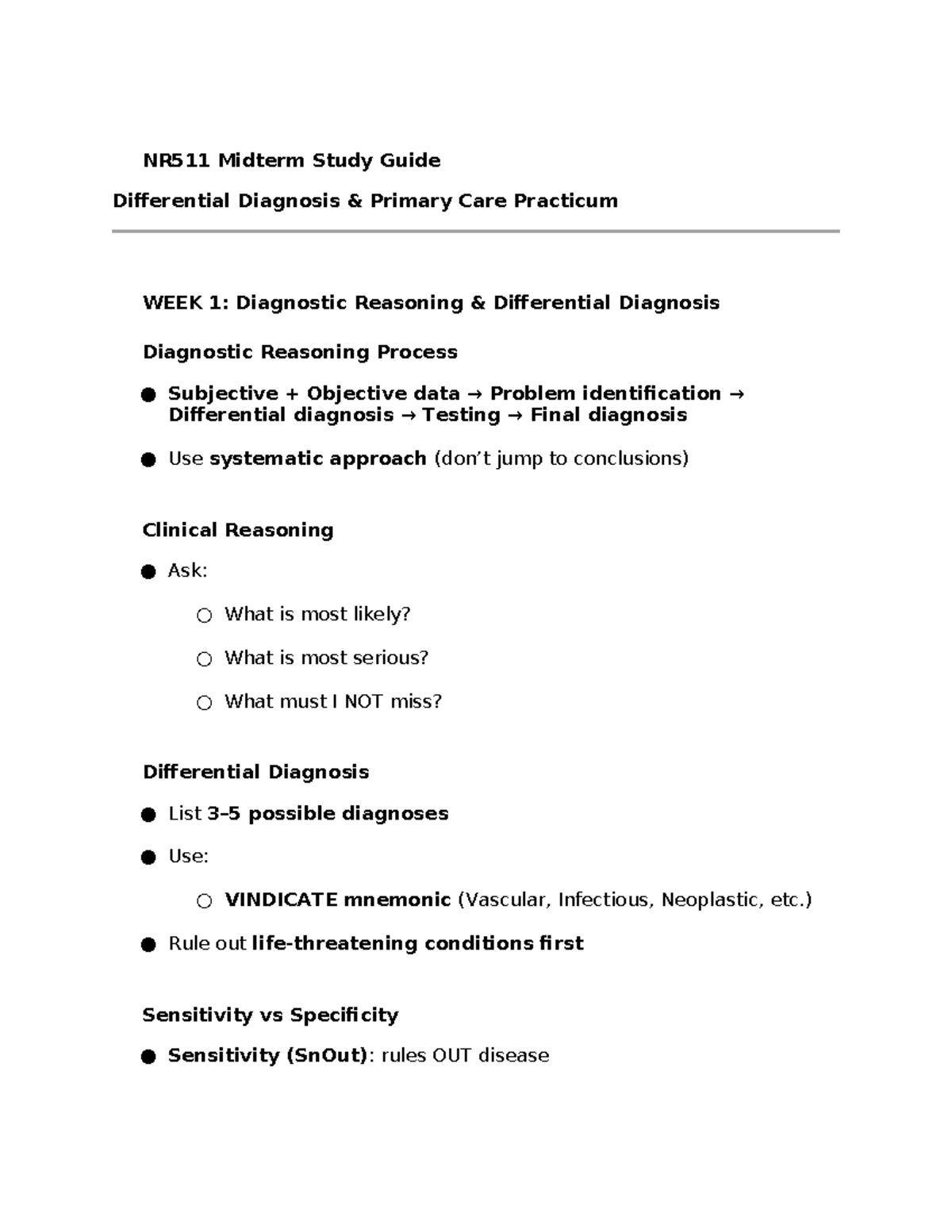 NR511 Midterm Study Guide: Differential Diagnosis & Clinical Reasoning ...