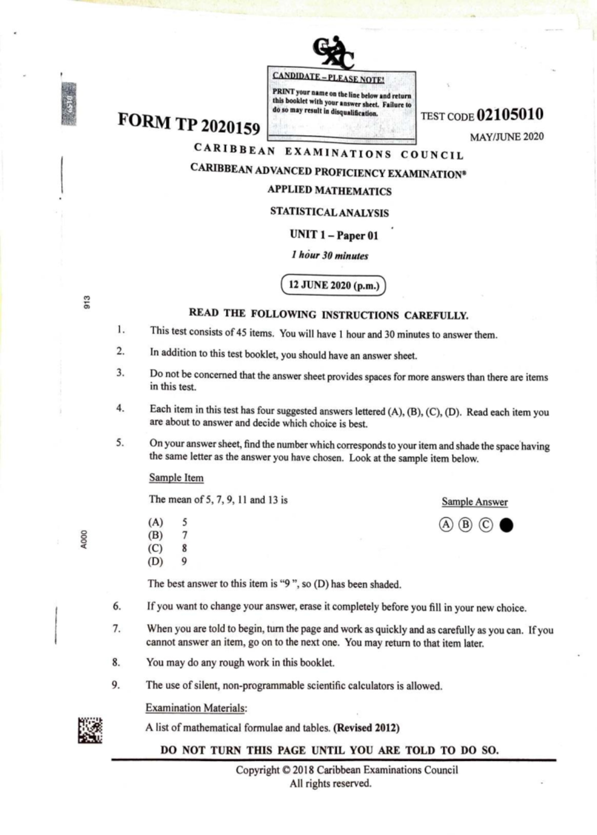 2020 CAPE Applied Mathematics Unit 1 Paper 01 - Test Code 02105010 ...