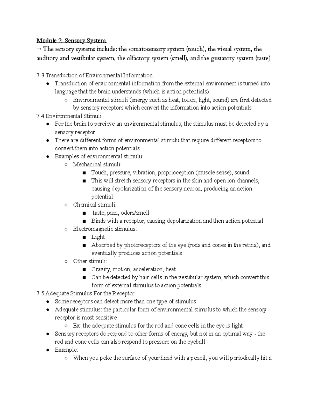 Module 7-9: Detailed Overview of Sensory Systems and Functions - Studocu