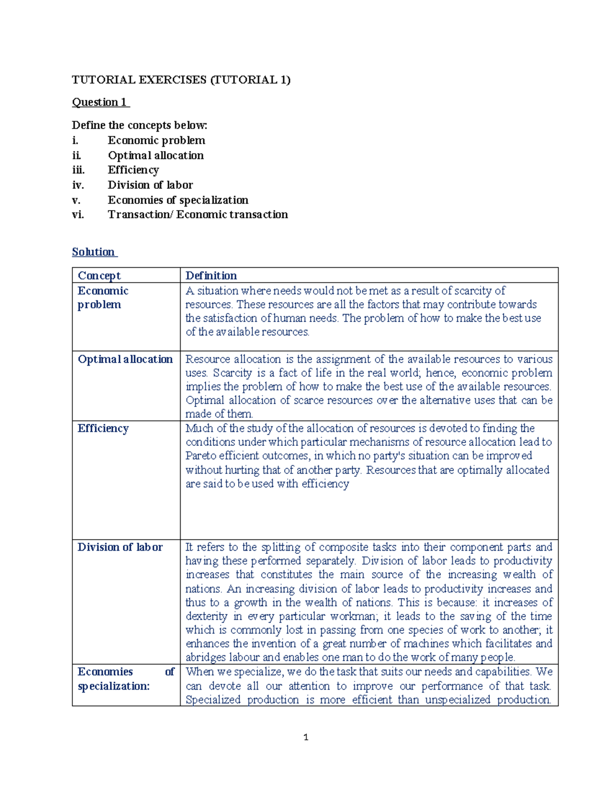Tutorial 1 Solutions: Key Concepts in Economic Theory and Coordination ...