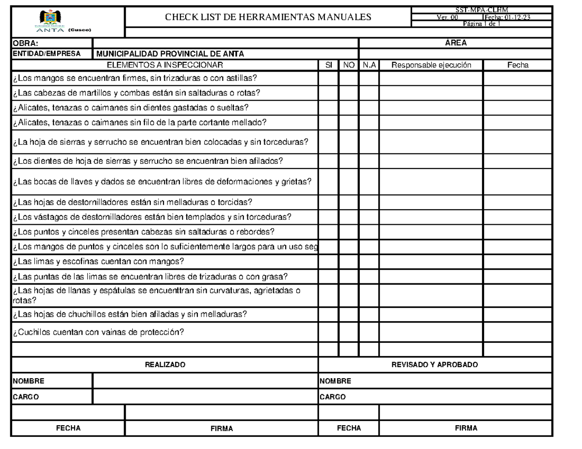 SST-MPA-CLHM - Checklist de Herramientas Manuales para Inspección - Studocu