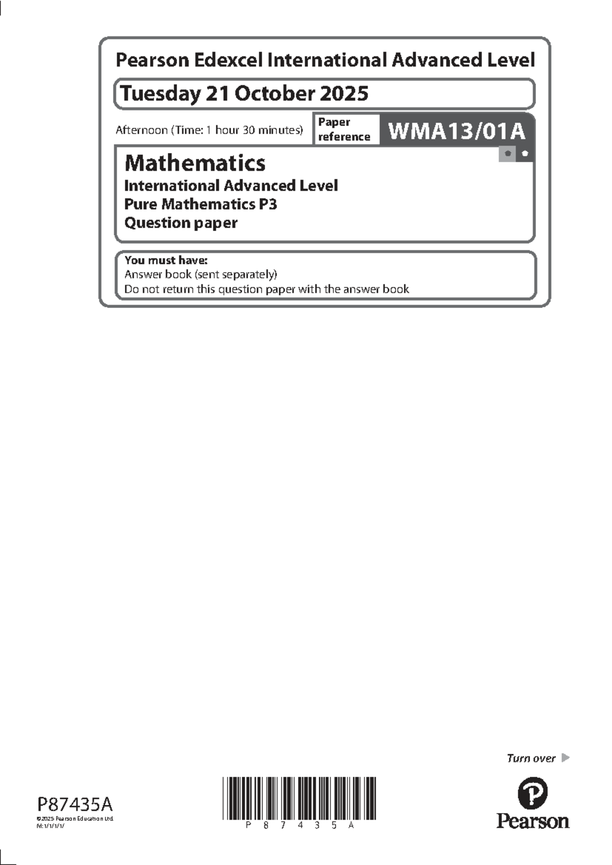 Mathematics IAL Pure Mathematics P3 Question Paper - Oct 2025 - Studocu
