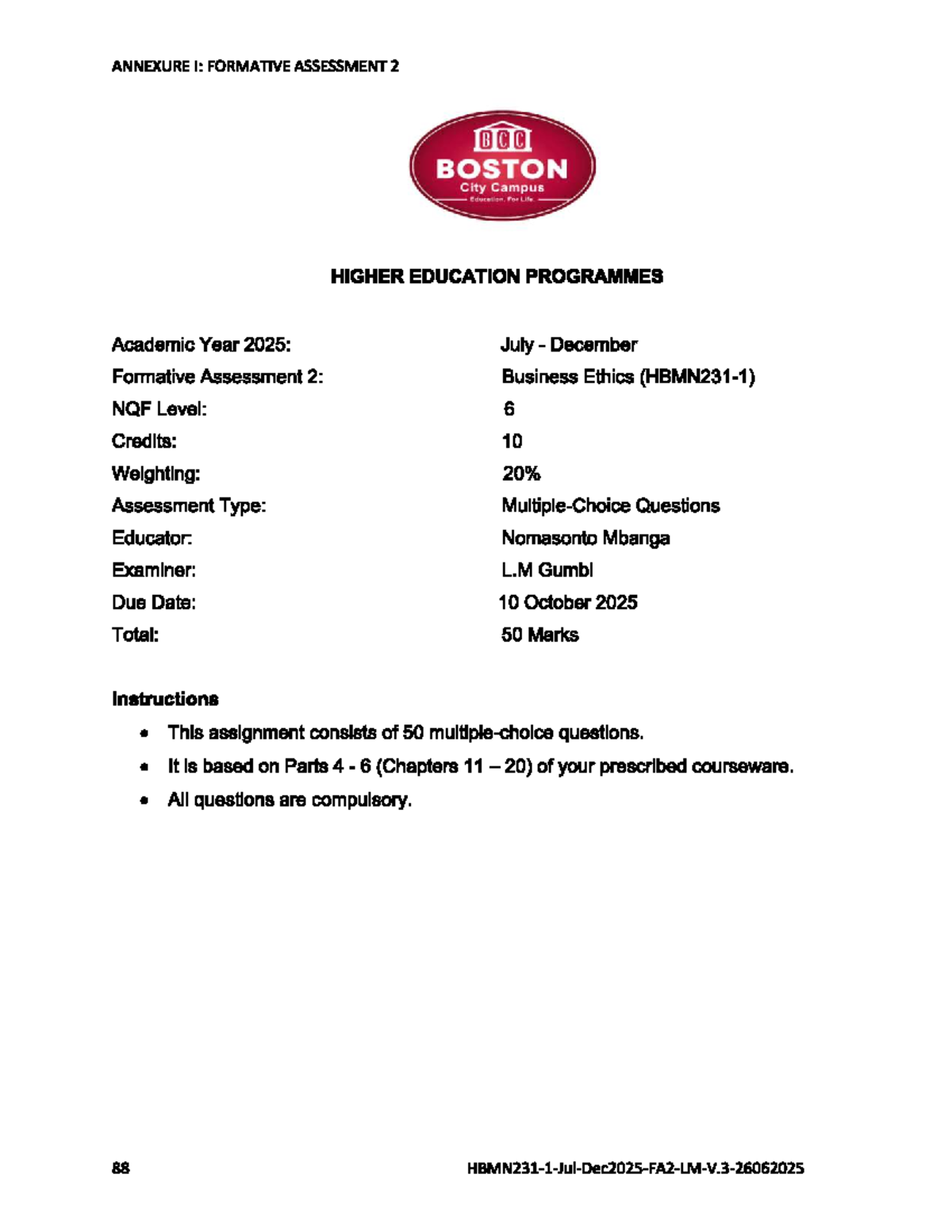 Business Ethics FA 2: Formative Assessment Questions and Guidelines ...