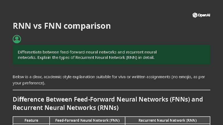 RNN vs FNN Comparison: Detailed Lecture Notes on Neural Networks - Studocu
