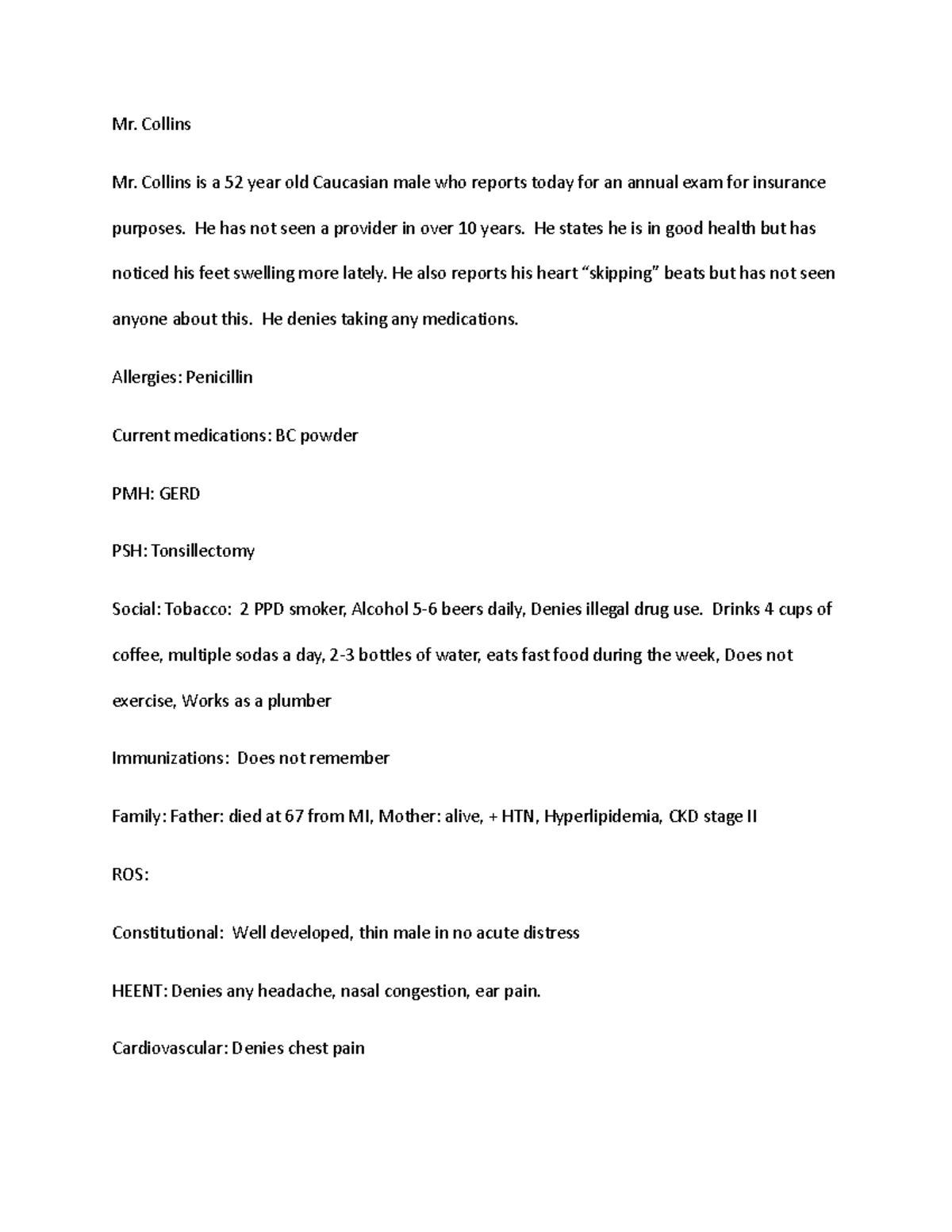 Mr. Collins Case Study - Nursing Assessment & History Overview - Studocu