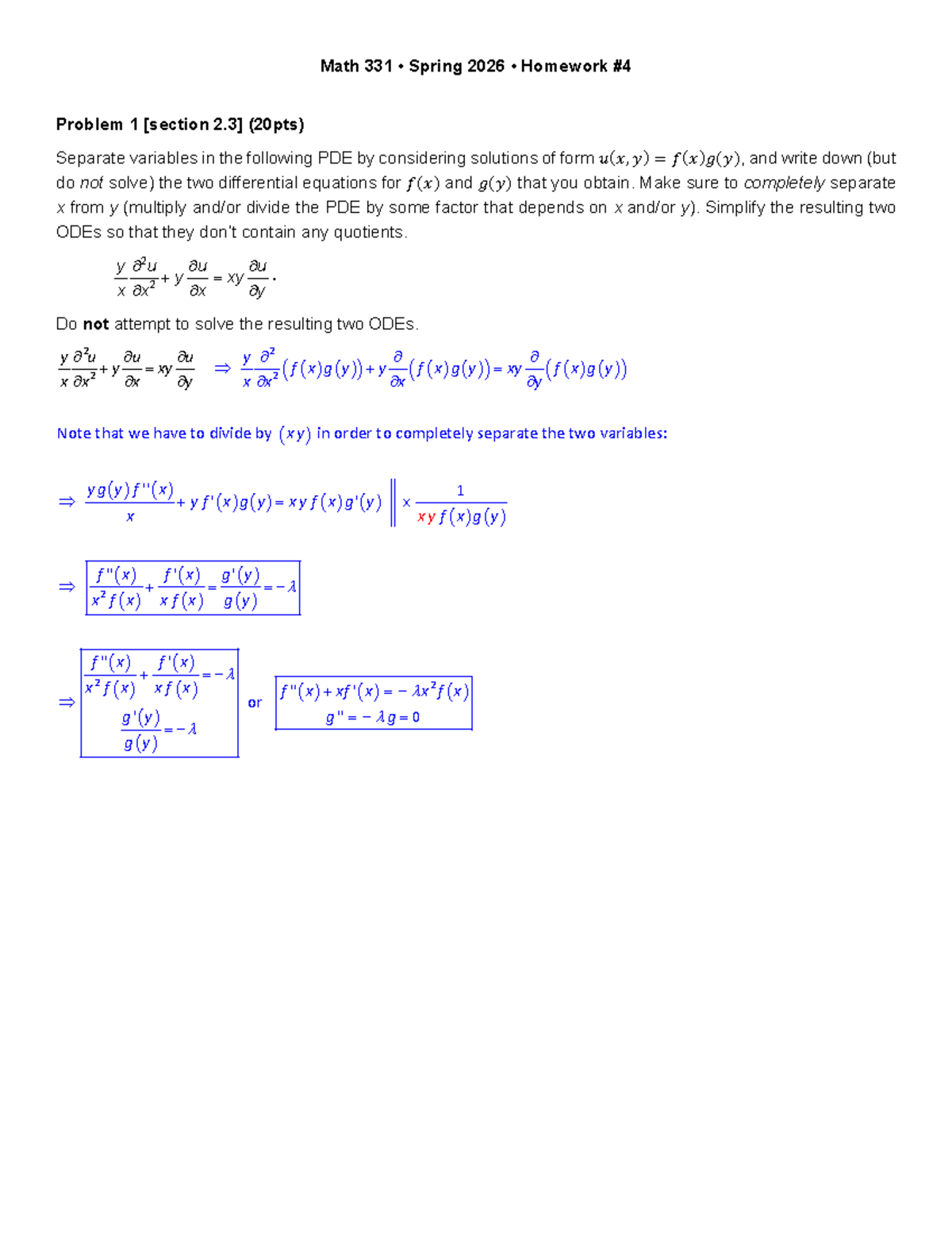 Math 331 Spring 2026 Homework 4 Solutions: PDE Separation & Heat Eq ...