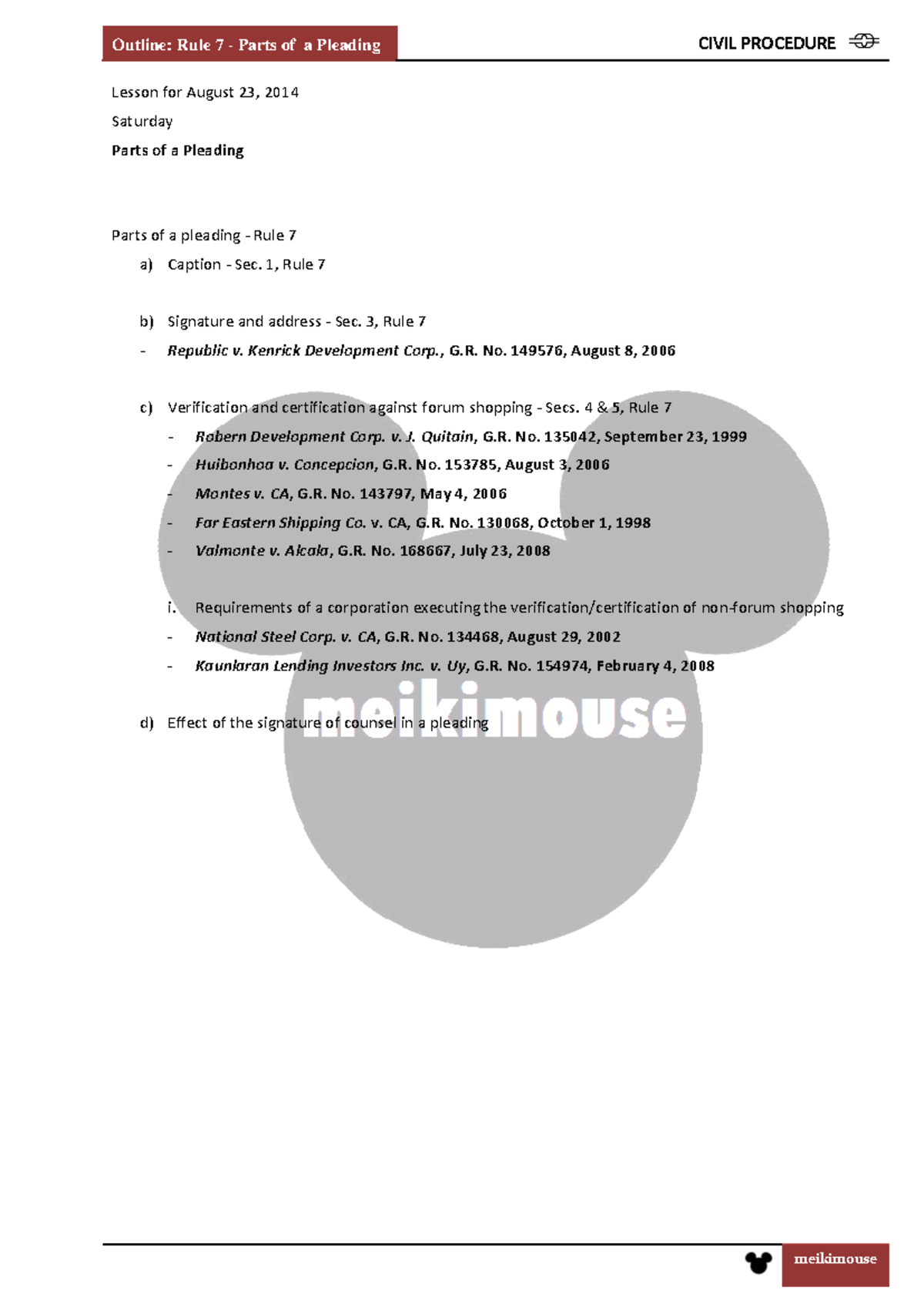 Rule 7 Outline Case Digest Full Text pdf - Outline: Rule 7 - Parts of a ...