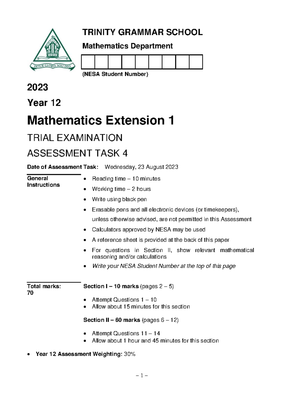 Trinity Grammar 2023 Year 12 Mathematics Extension 1 Trial Exam ...