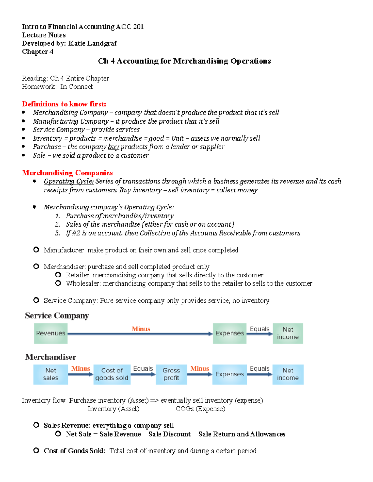 Ch 4 Lecture Notes: Accounting for Merchandising Operations (ACC 201 ...