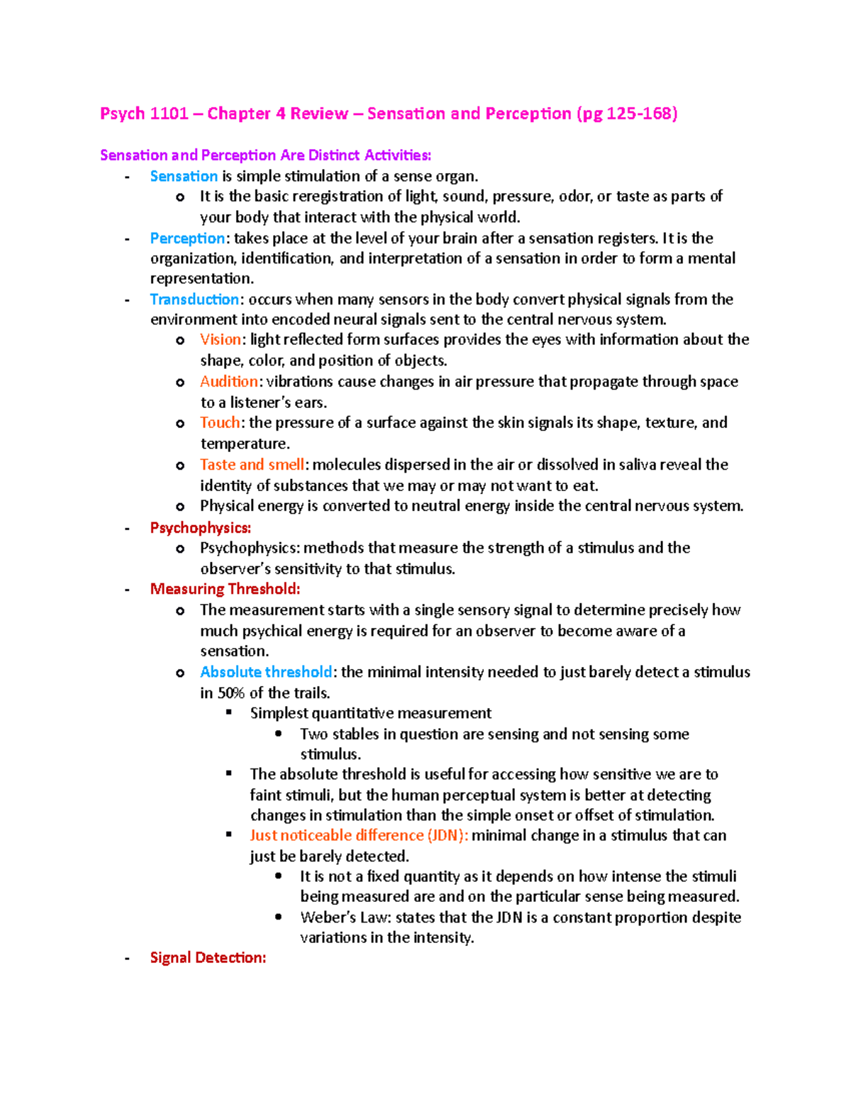 Psych 1101 Chapter 4 Review Exploring Sensation And Perception Studocu