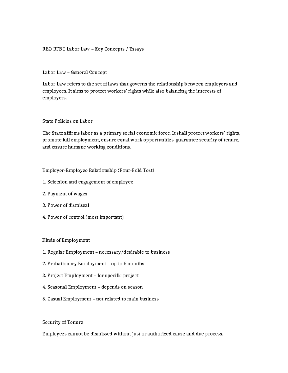 REO RFBT Labor Law Key Concepts & Reviewer Notes - Studocu