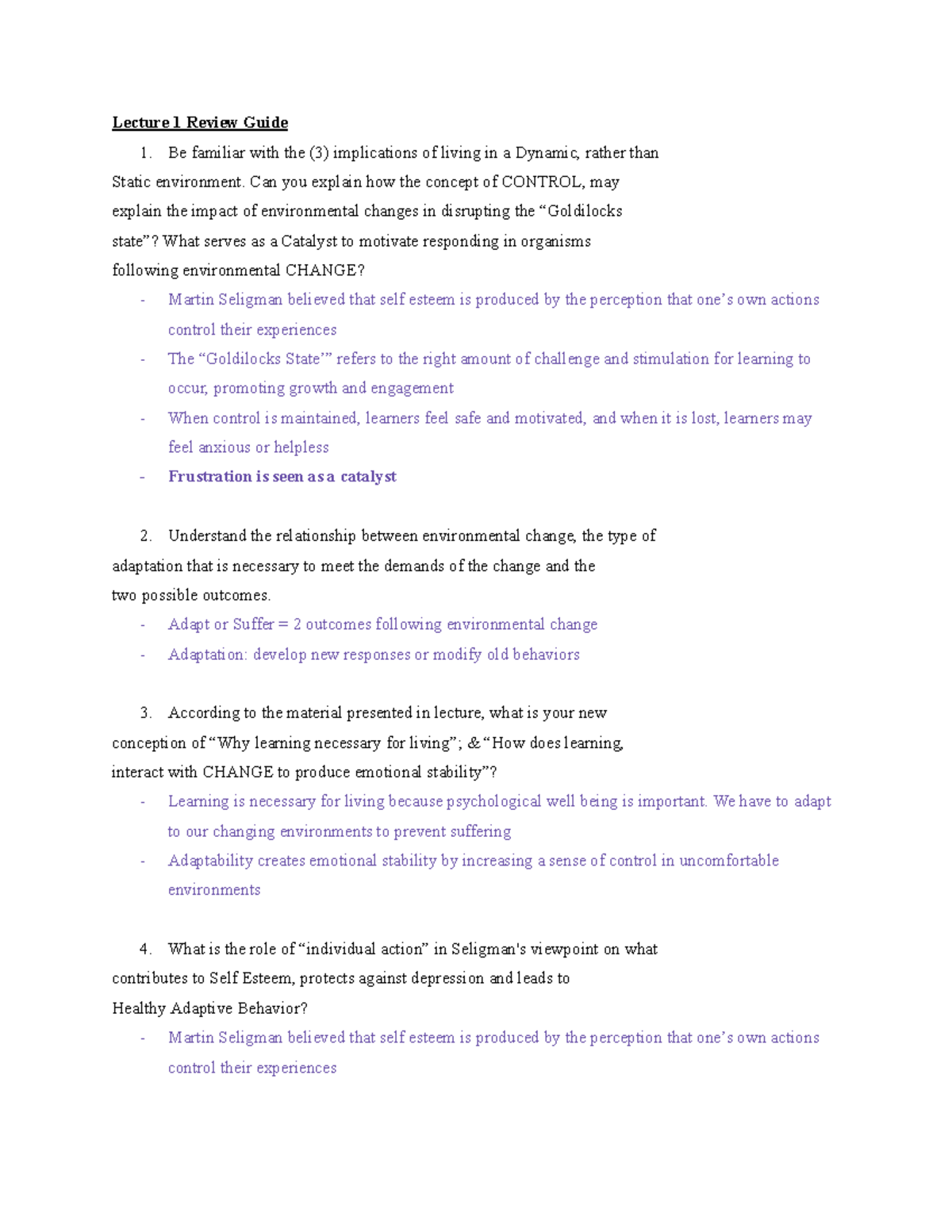 Cognitive Psychology PSYC 3100: Lecture 1 Review Guide on Learning and ...