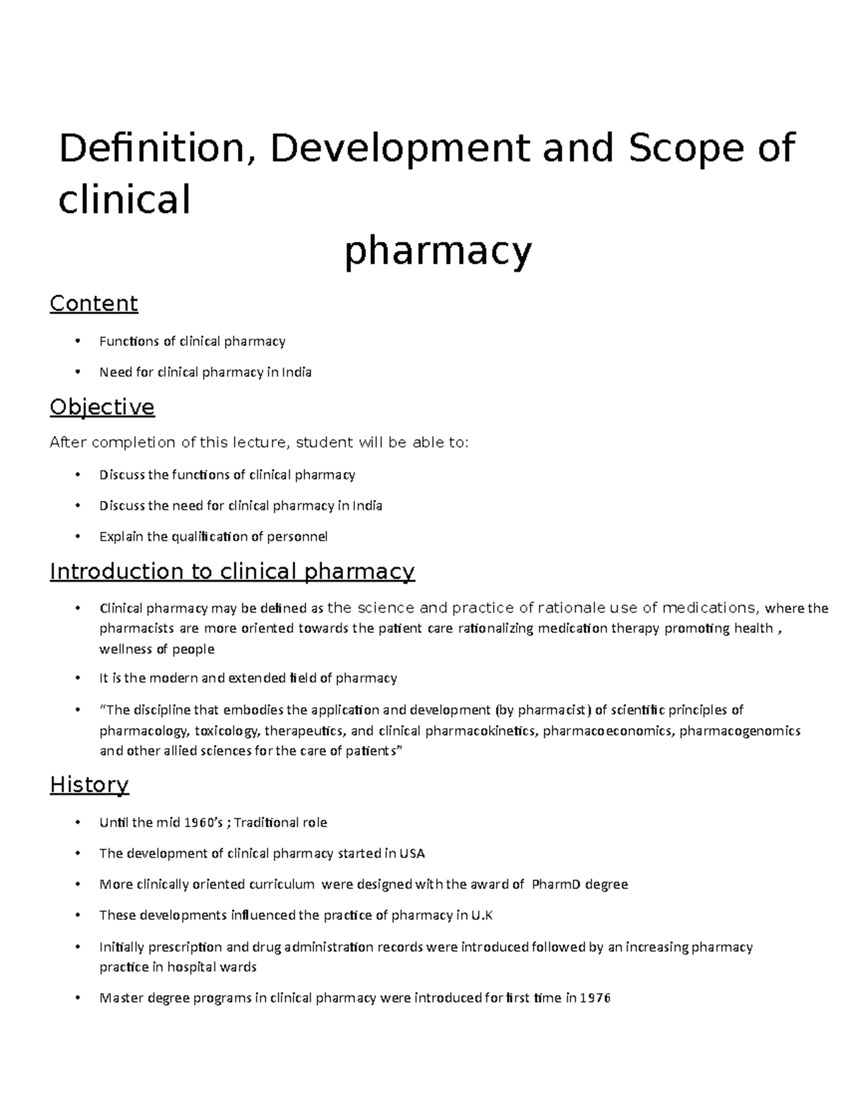 Chapter 2: Exploring the Scope of Clinical Pharmacy in India - Studocu