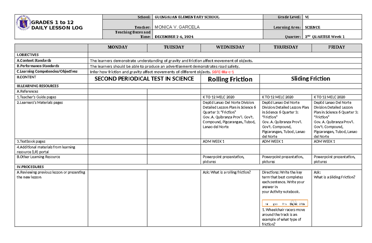 DLL Science 6 Q3 W1 - GRADES 1 to 12 DAILY LESSON LOG School: GUINGAUAN ...