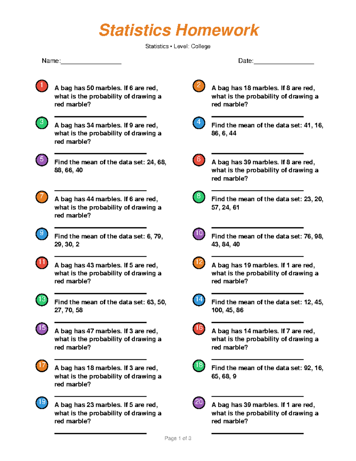 Statistics Homework 1 - College Level Probability & Mean Calculations ...