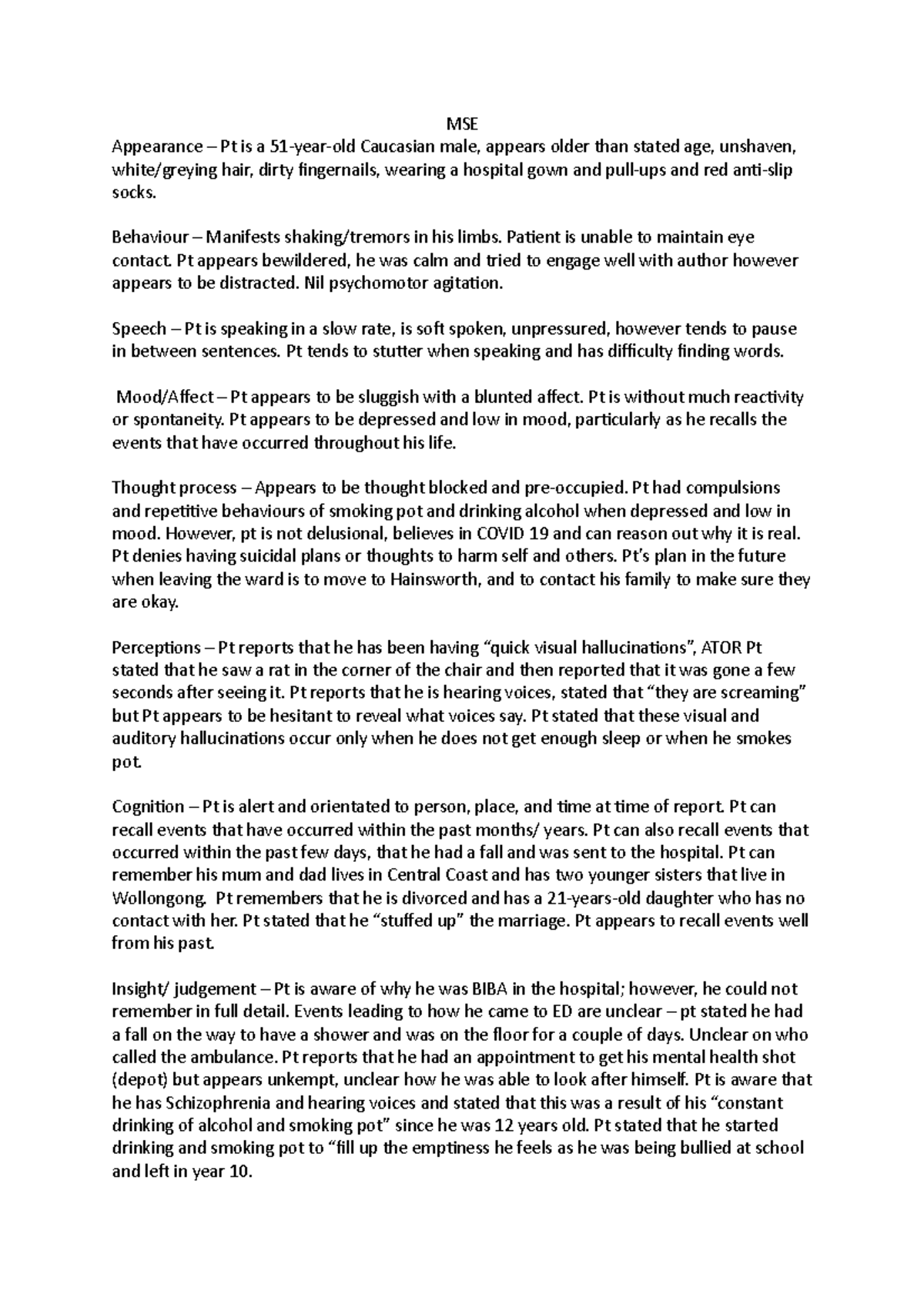 MSE Sample for Mental Health Assessment: Patient Case Study - Studocu