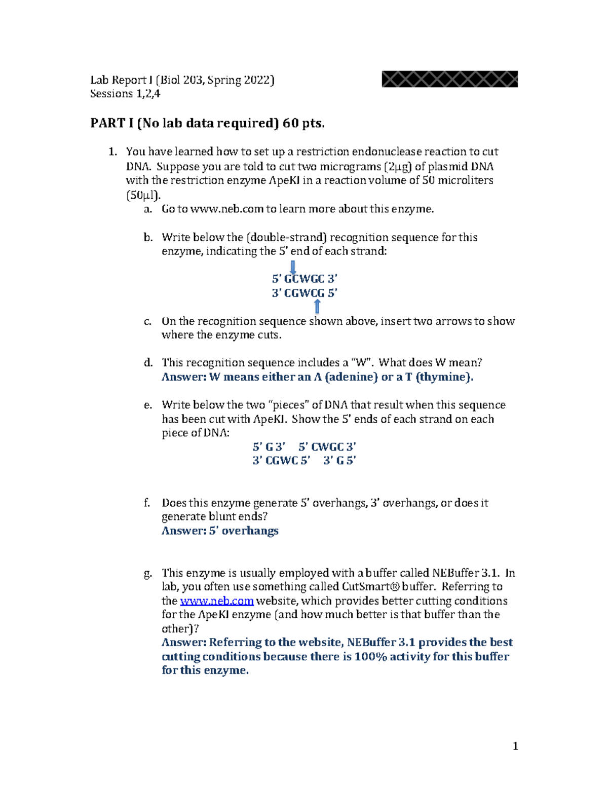 BIOL 203 - Comprehensive Lab Report I: Restriction Enzyme Analysis ...