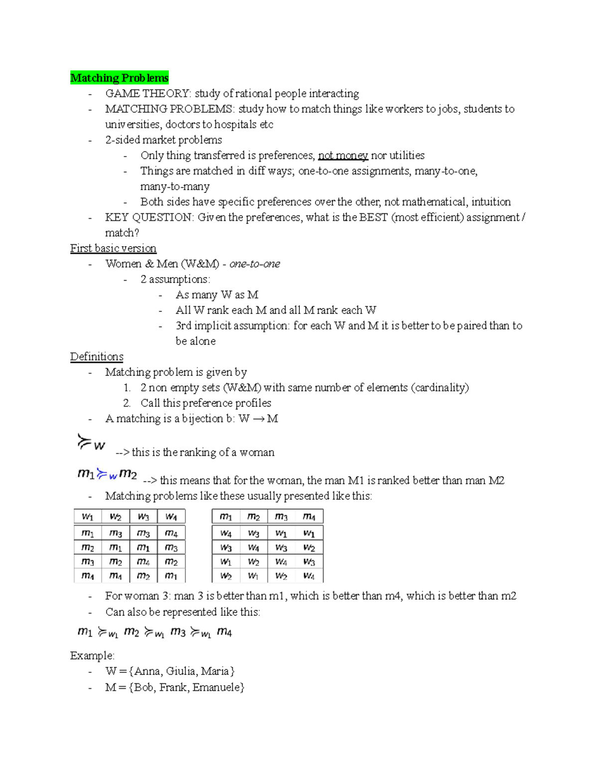 Matching Problems in Game Theory: Efficient Assignments and Stable ...