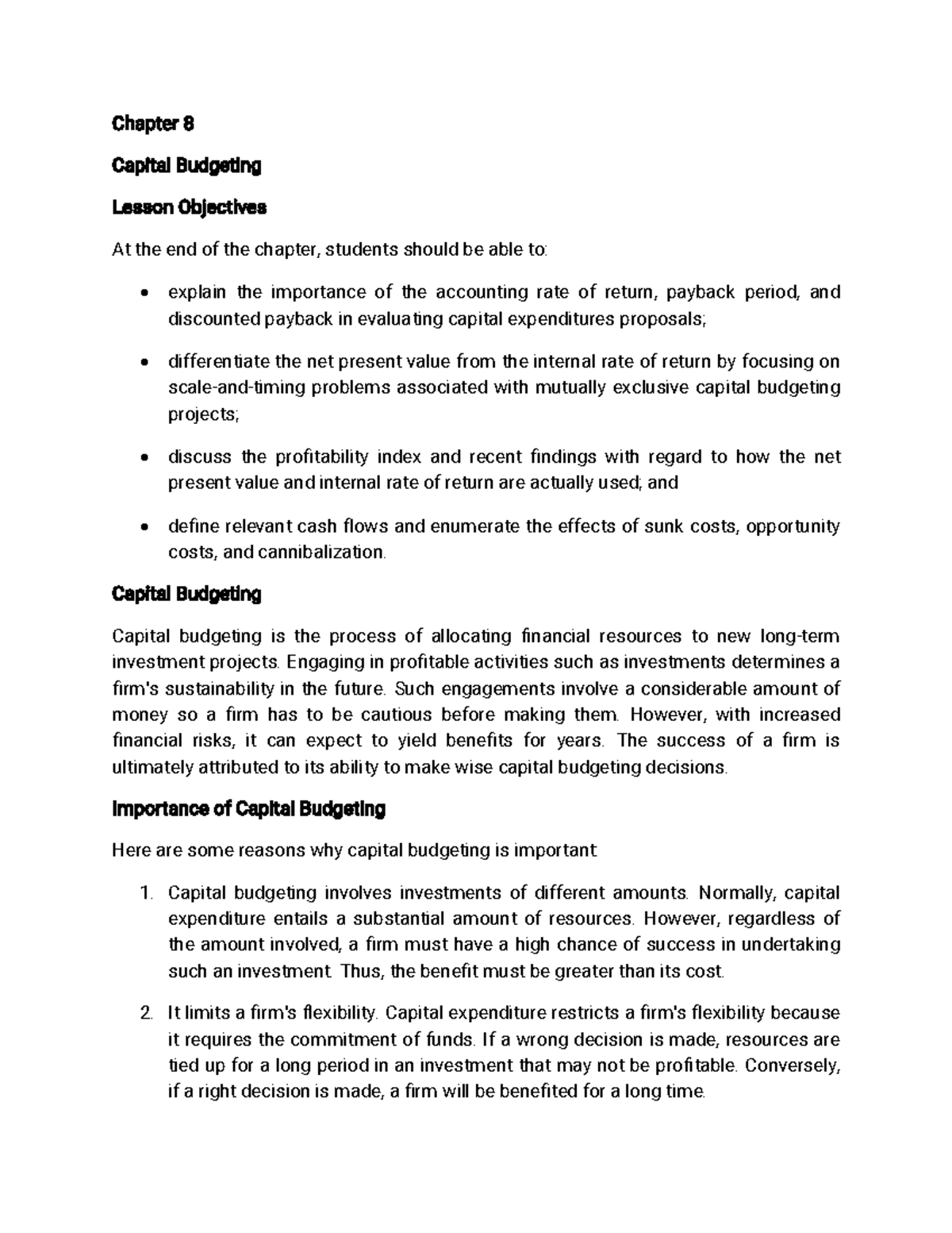 Chapter 8 - Capital Budgeting & Financial Management II Overview - Studocu
